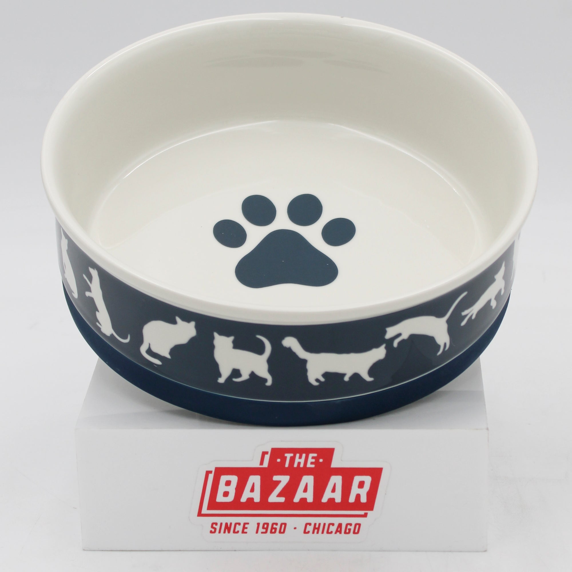 CERAMIC PET BOWL - CATS MEOW NAVY - LARGE 7.5Dx2.4H