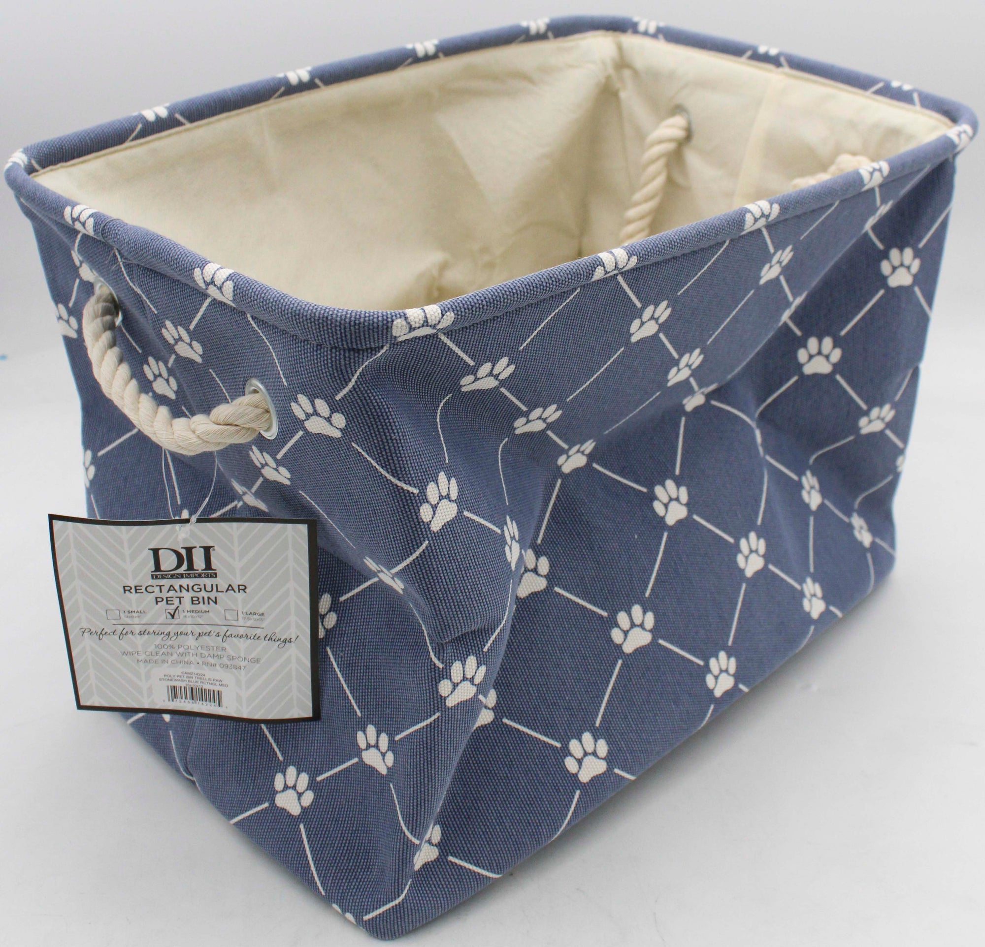 POLYESTER PET BIN TRELLIS PAW STONEWASH BLUE RECTANGLE MEDIUM 16x10x12"