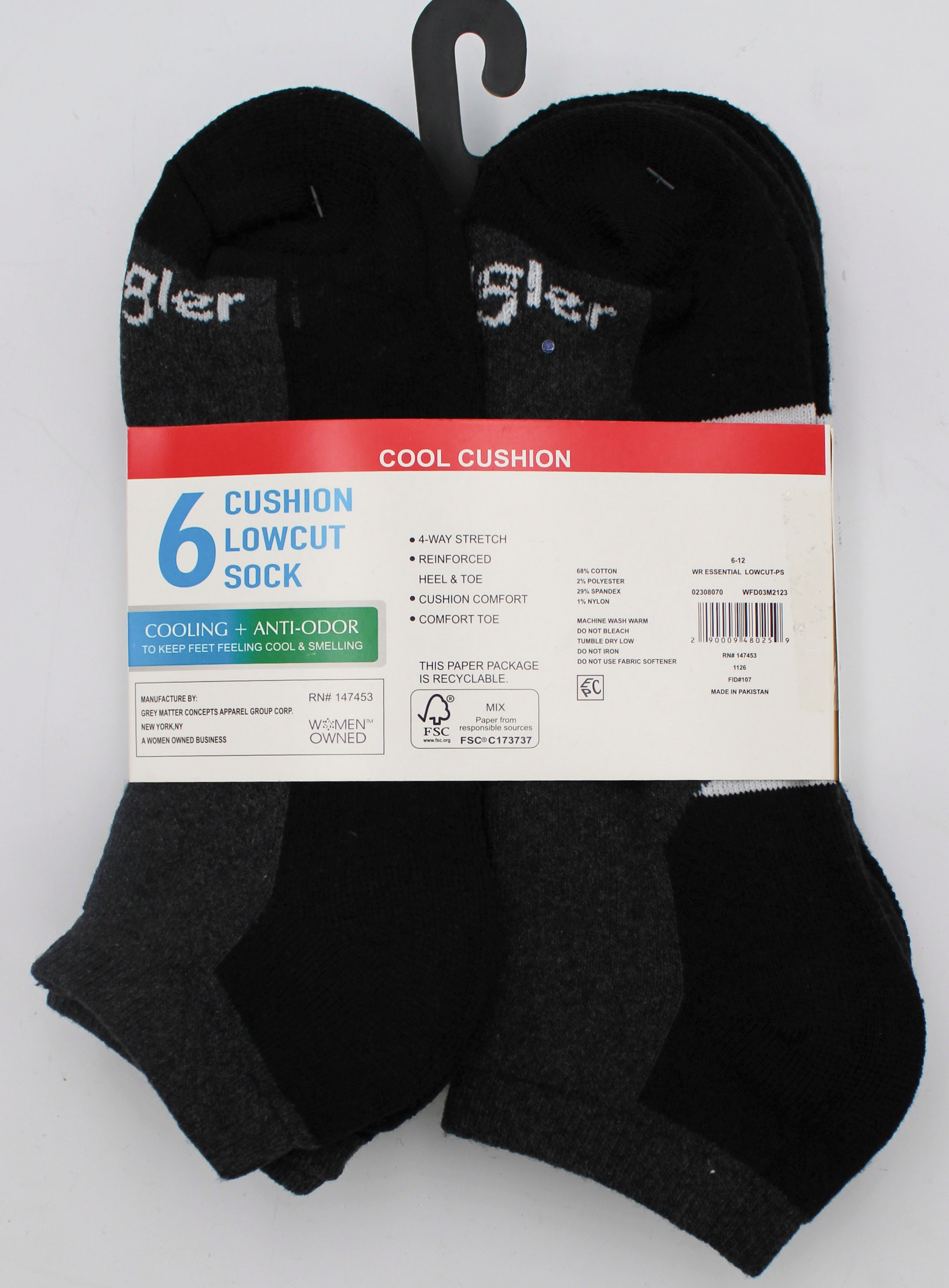 6PK WRANGLER MENS LOWCUT SOCKS - CHARCOAL NI