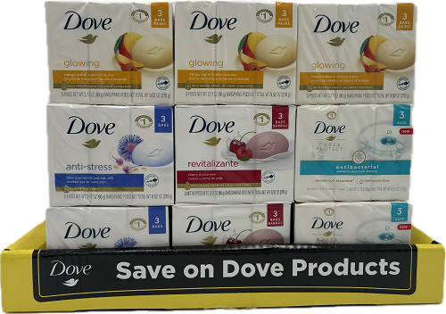 DOVE BAR SOAP 3PACK 3.17oz BARS 16CT ASSORTED COUNTER DISPLAY