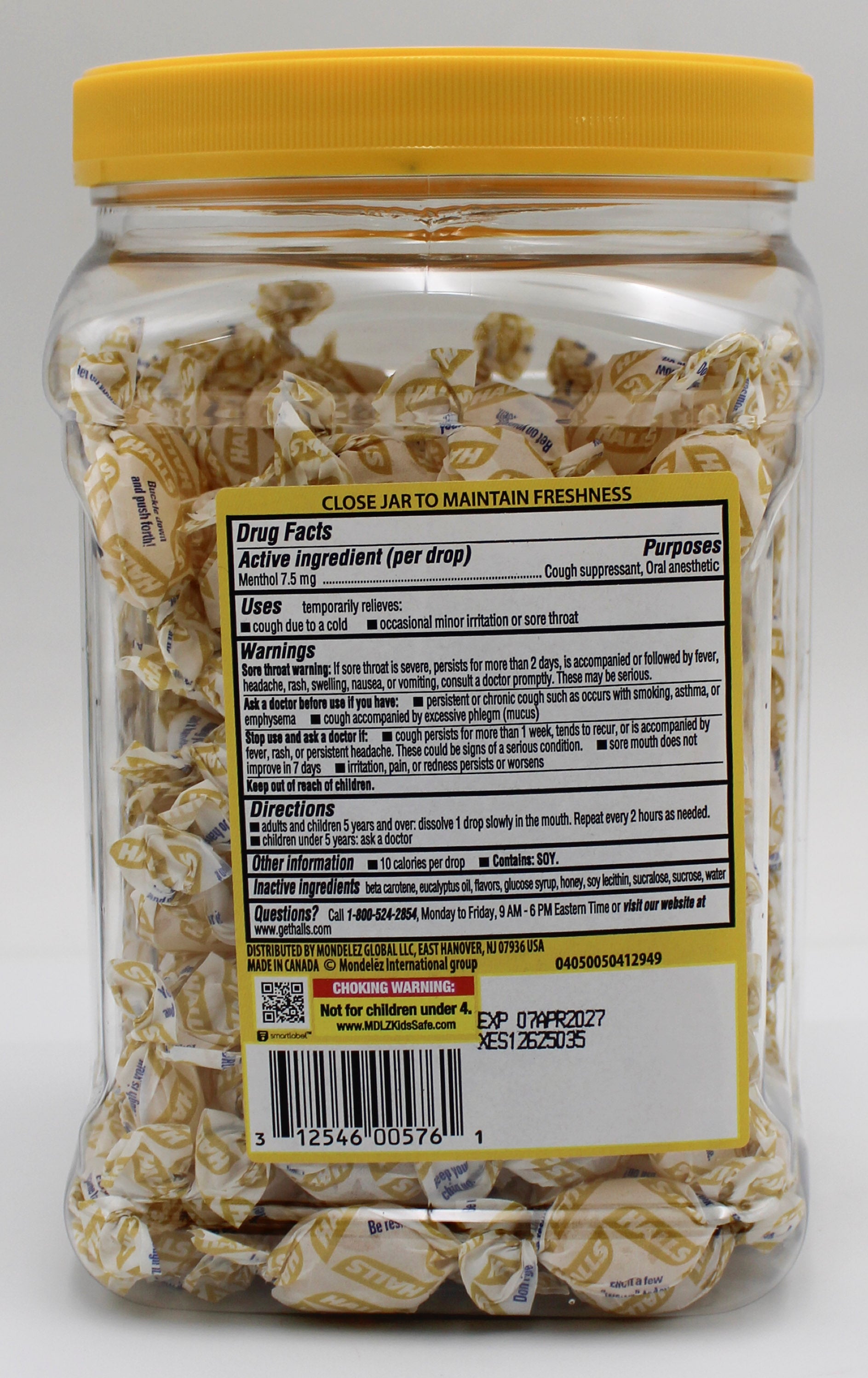 HALLS HONEY LEMON 250 PC   JAR  EXP 4/7/27
