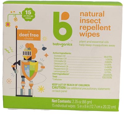 BABYGANICS NATURAL INSECT REPELLENT WIPES 15CT 5"X8"