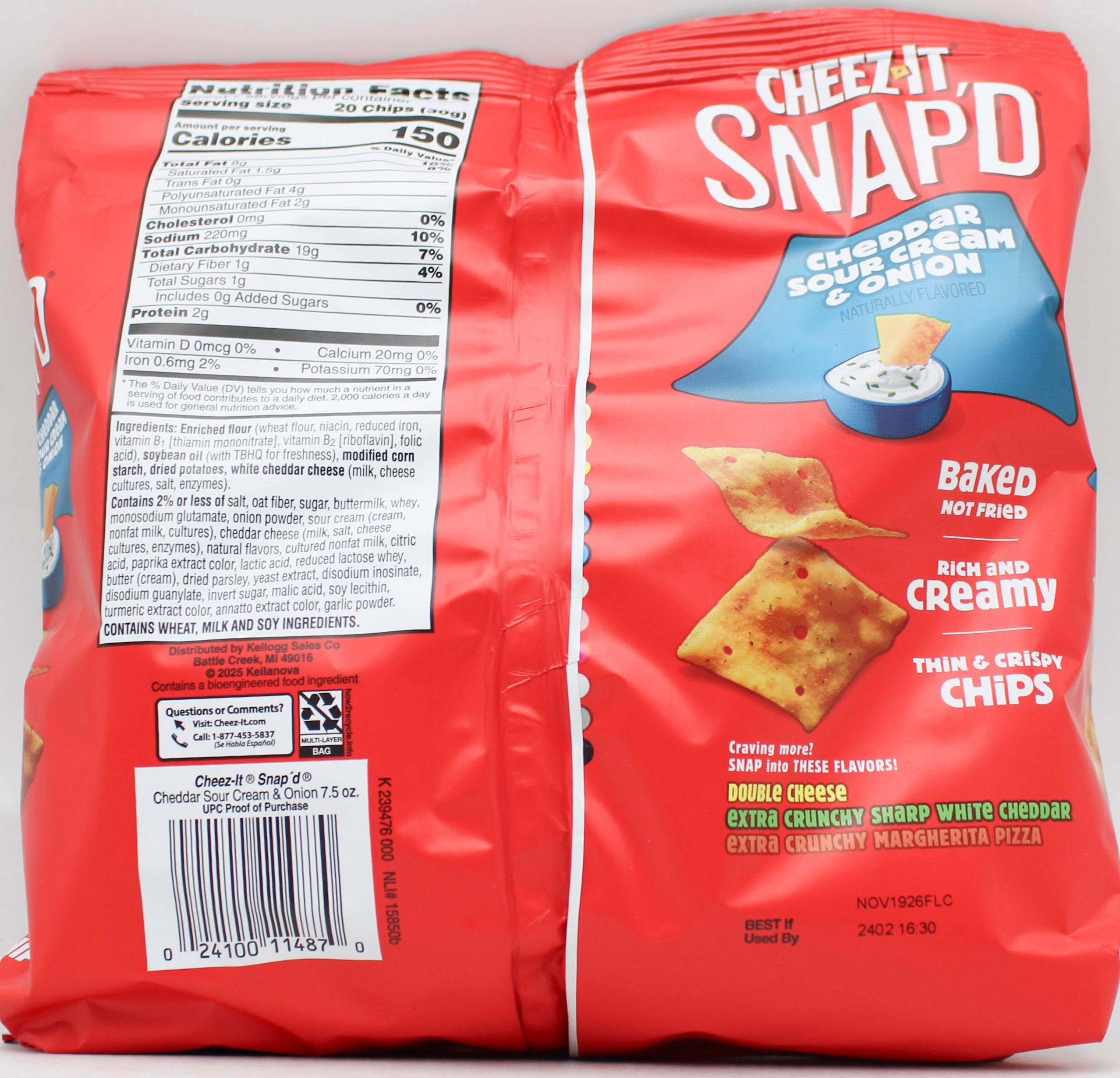 CHEEZ-IT SNAP'D CHEDDAR SOUR CREAM & ONION CRACKERS 7.5 Oz NI BB 11/19/2026