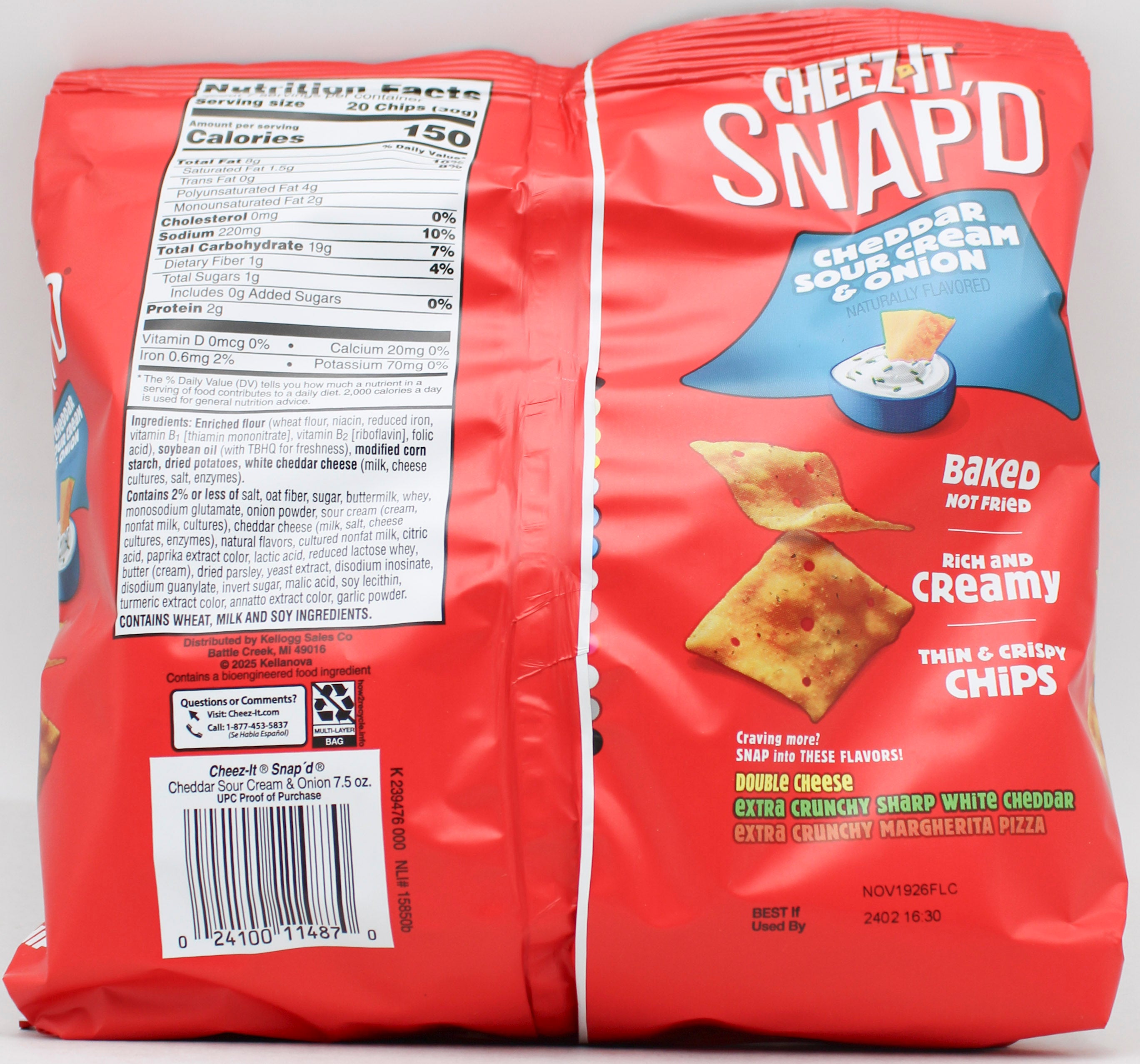 CHEEZ-IT SNAP'D CHEDDAR SOUR CREAM & ONION CRACKERS 7.5 Oz NI BB 11/19/2026