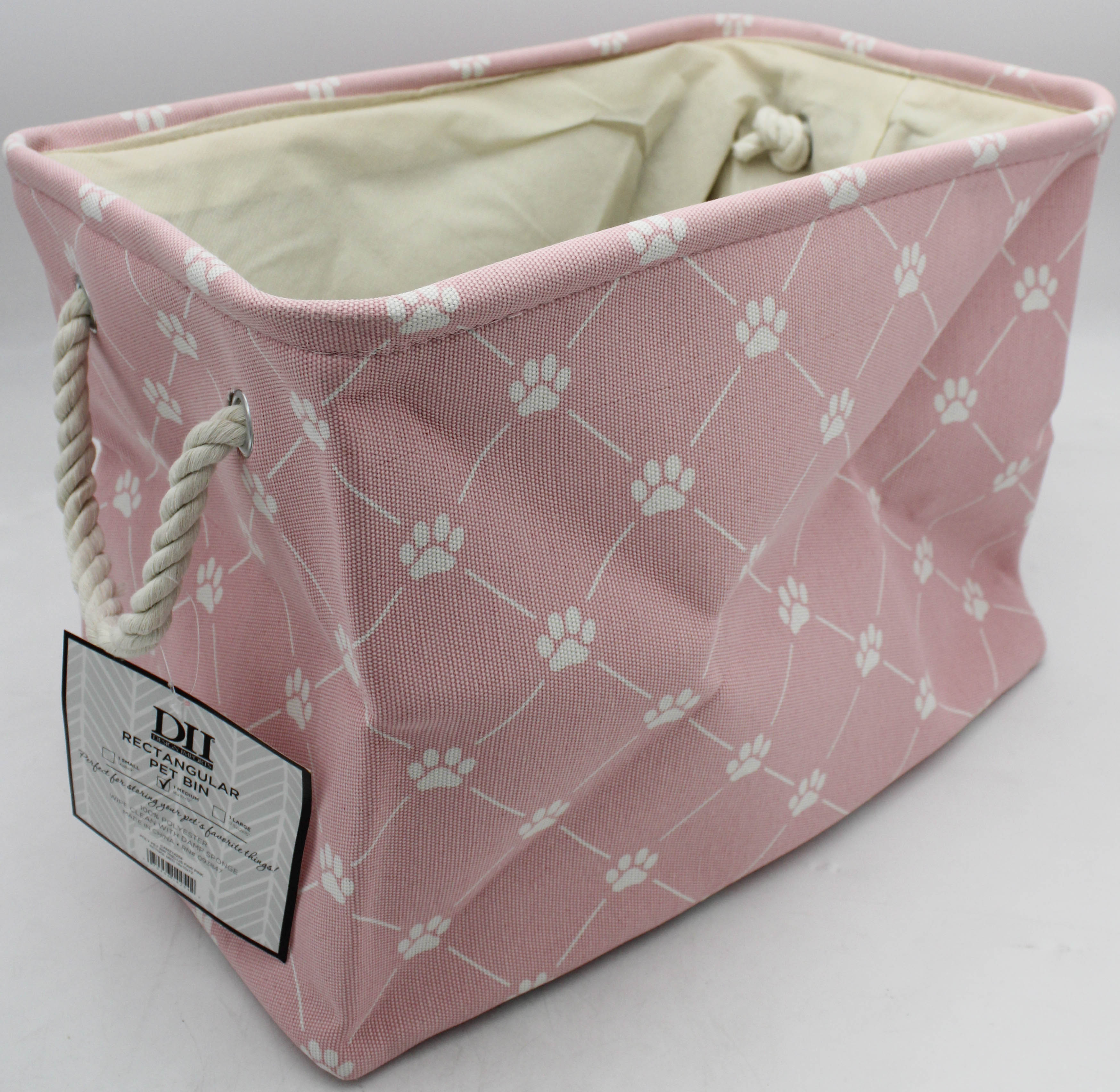 POLYESTER PET BIN TRELLIS PAW PINK RECTANGLE MEDIUM 16x10x12-