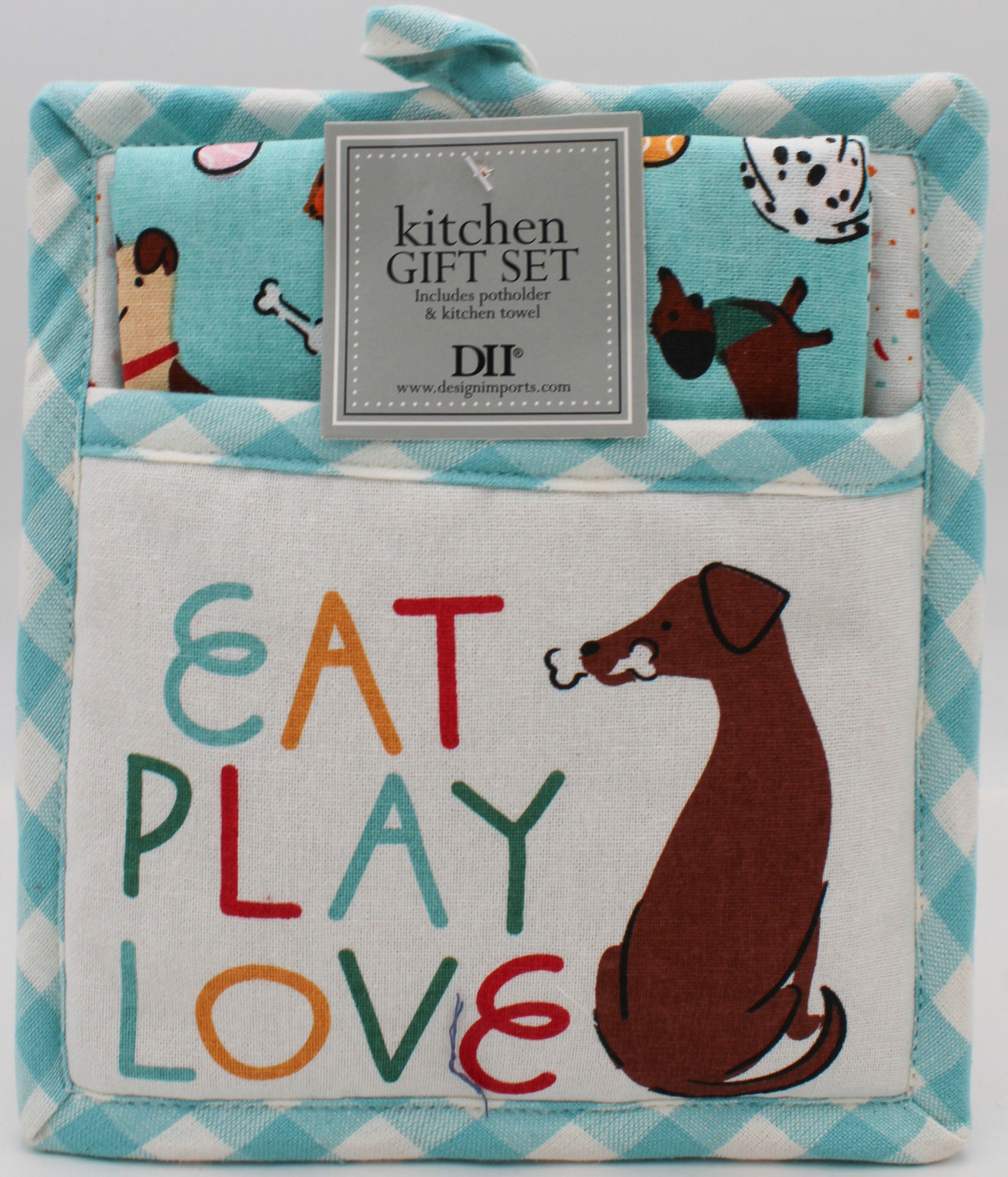 2PC GIFT SET - POTHOLDER AND DISHTOWEL - EAT PLAY LOVE