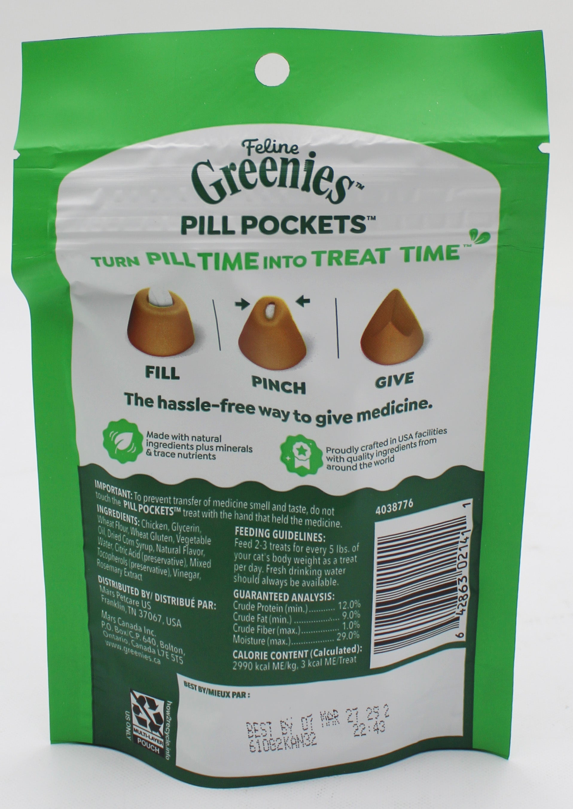 GREENIES PILL POCKETS SOFT CAT TREATS CHICKEN FLAVOR 1.6 OZ. (45 PK) BB 2/11/2027