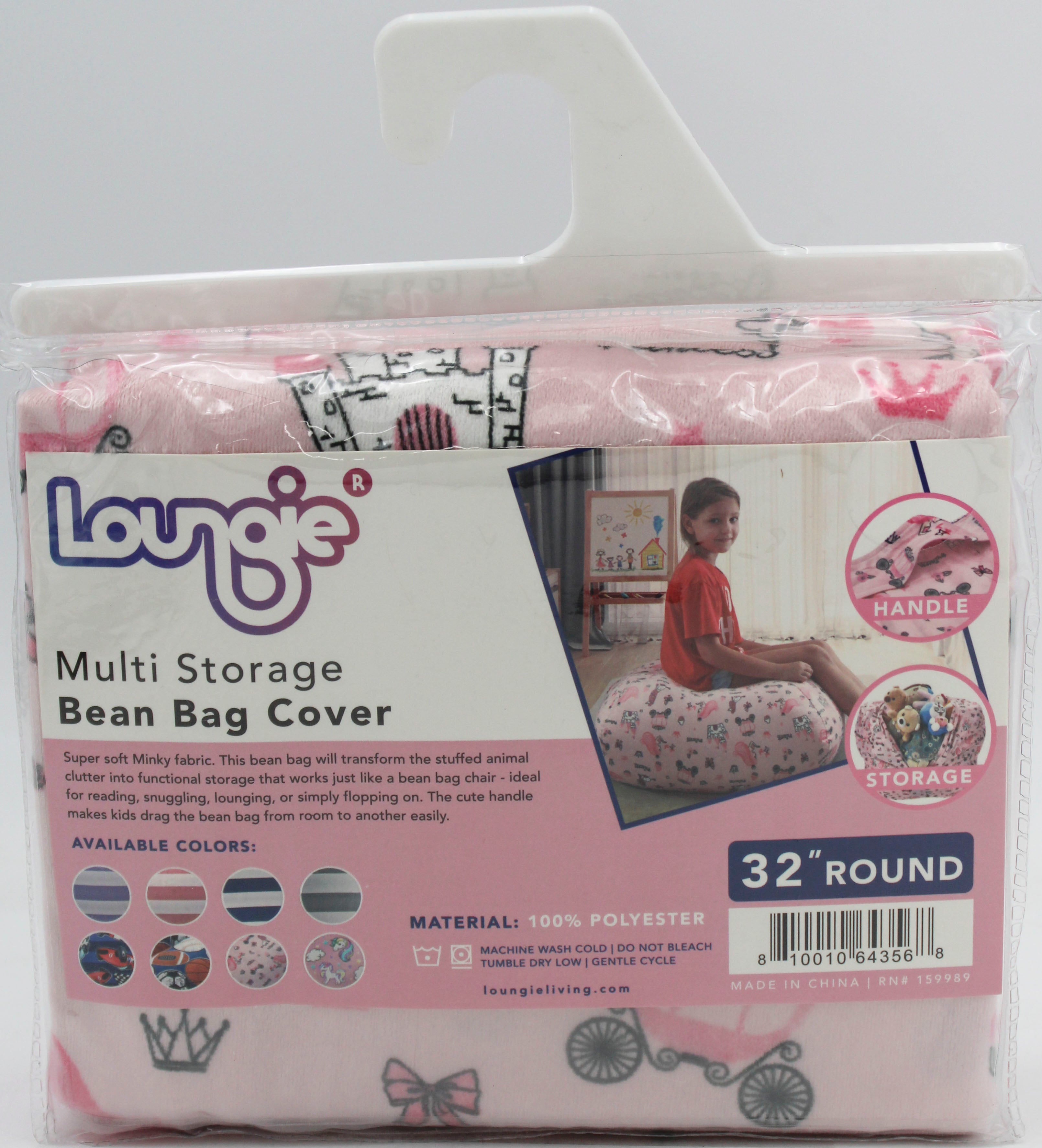 Loungie Stuffed Animal Storage Bean Bag, Fillable Zippered Bean Bag Cover, 32 x 32 Inches, Princess Pink