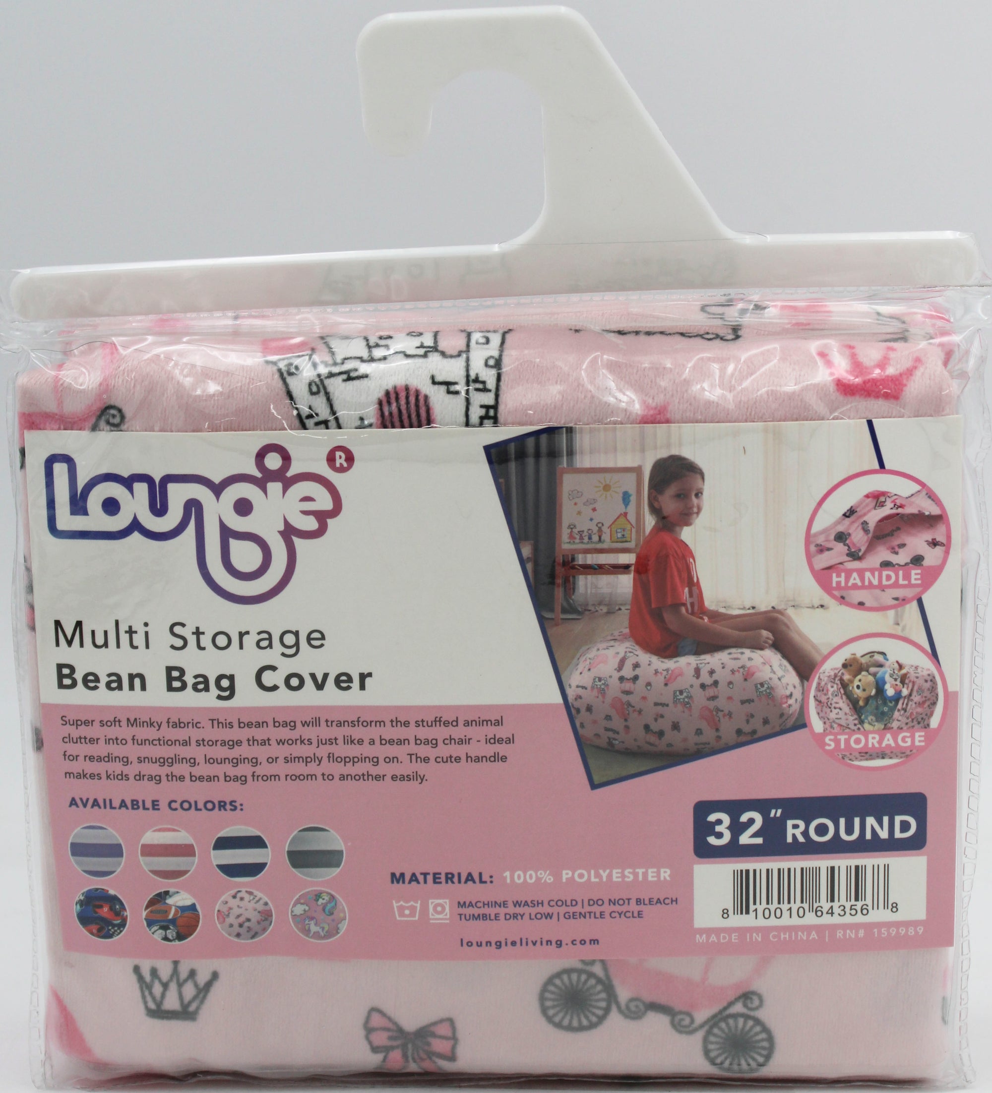 Loungie Stuffed Animal Storage Bean Bag, Fillable Zippered Bean Bag Cover, 32 x 32 Inches, Princess Pink
