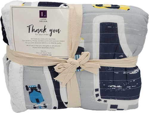 LUSH DECOR SHERPA THROW 50"x60" CAR TRACKS NAVY PP$90.00 NO AMAZON