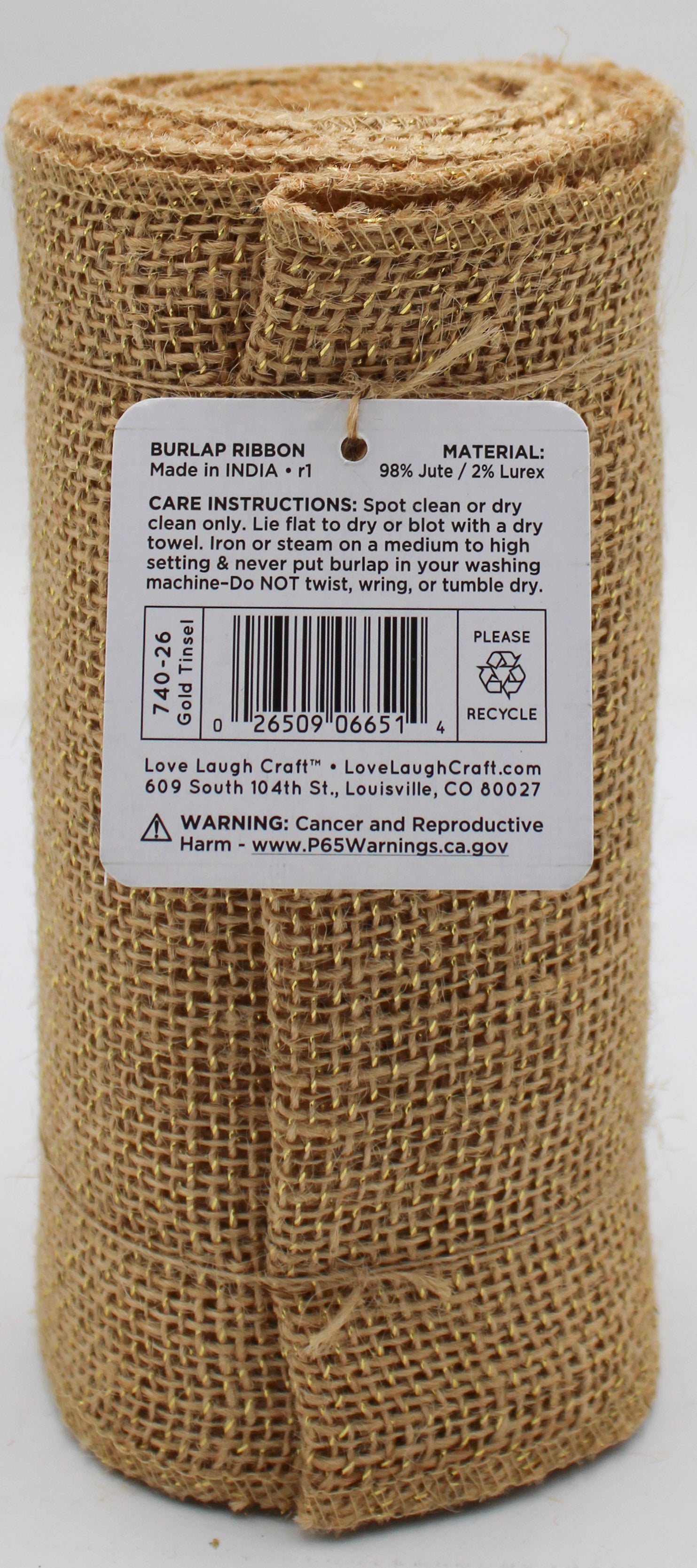 6 IN X 5 YD BURLAP RIBBON - NATURAL GOLD TIN