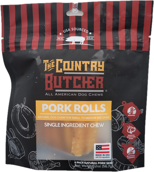 THE COUNTRY BUTCHER DOG CHEWS PORK ROLLS 4" 4PACK (2ozBAG) BB 12/2/26