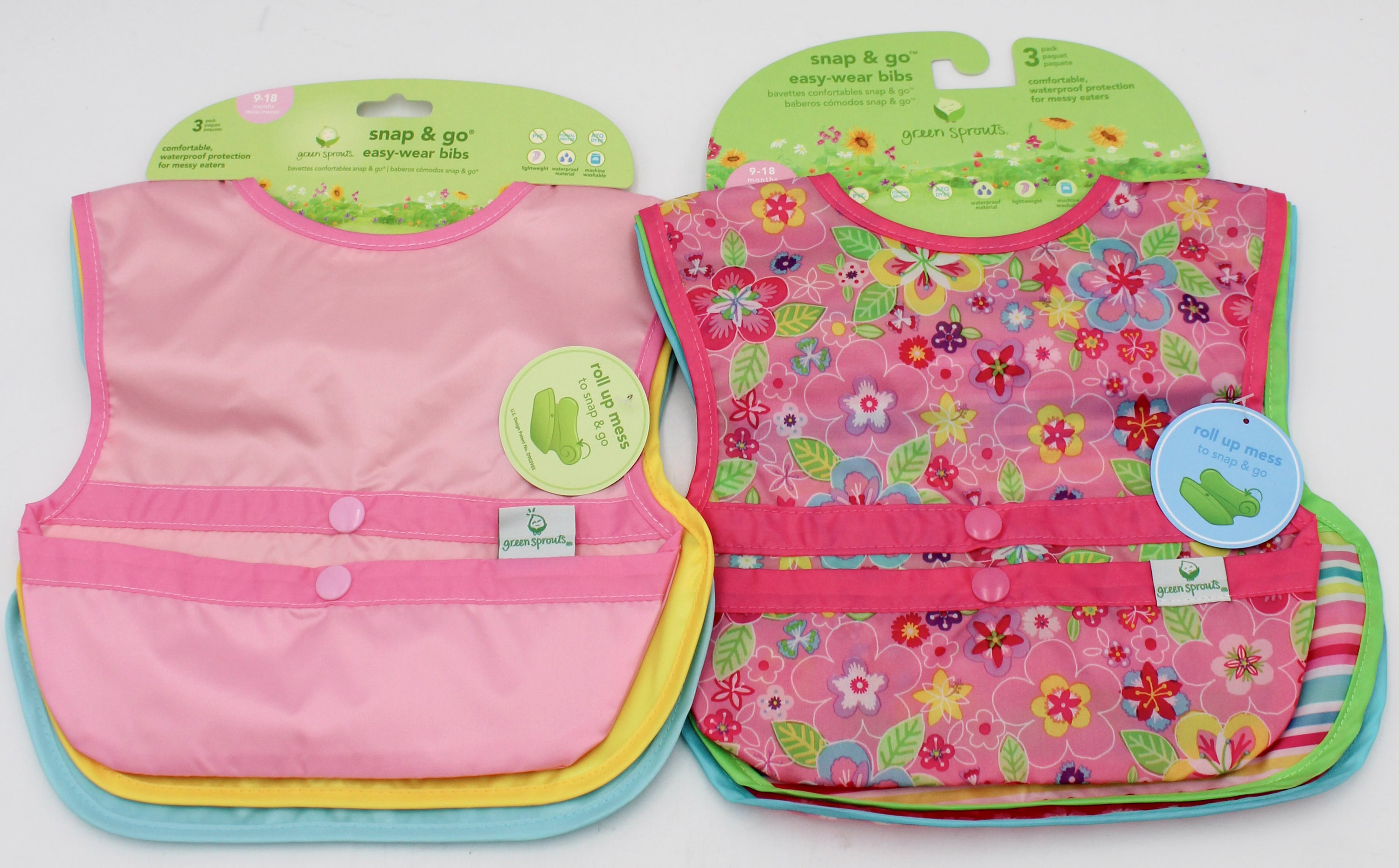 O2COOL 3PK SNAP & GO EASY-WEAR PULL-OVER BIB -PINK SOLID & FLOWER FIELD - 9MO-18MO NI