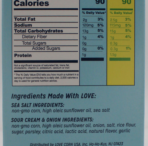 LOVE CORN 21 CT VARIETY PACK SEA SALT & SOUR CREAM ONION  BB 4/1/26