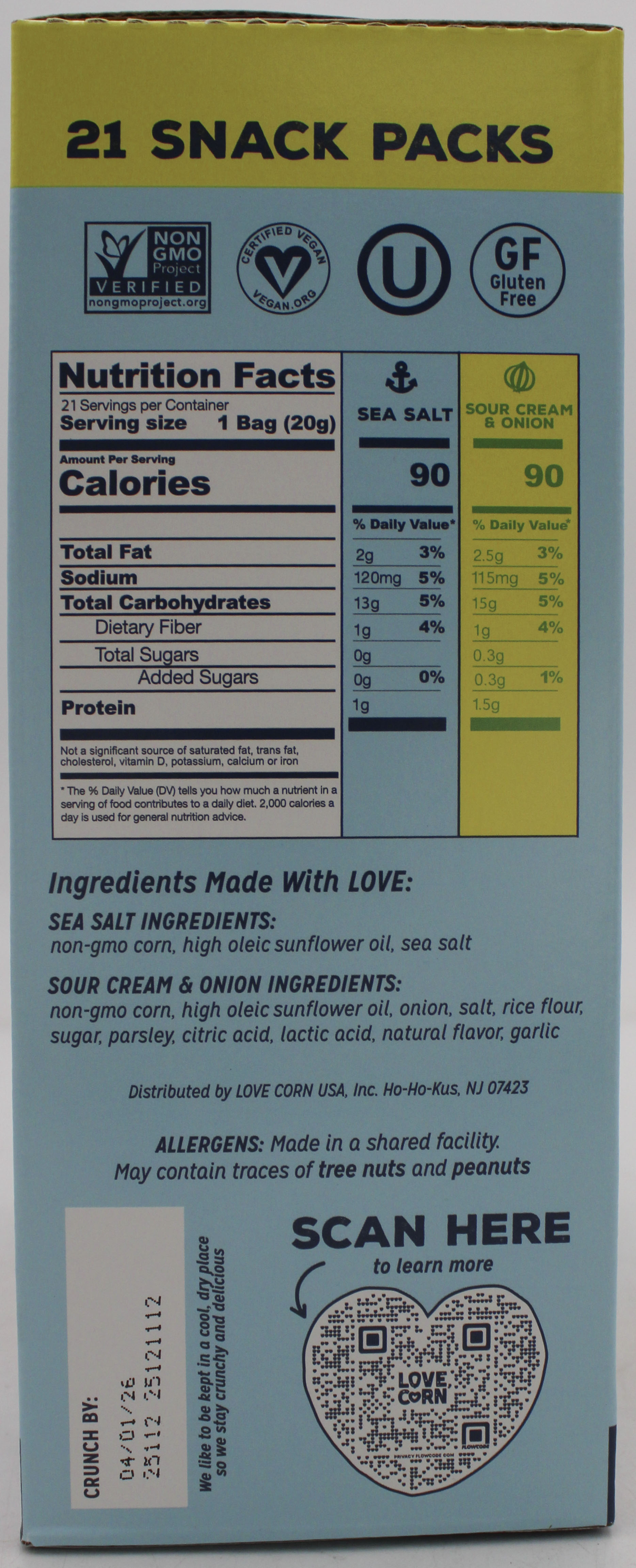 LOVE CORN 21 CT VARIETY PACK SEA SALT & SOUR CREAM ONION  BB 4/1/26