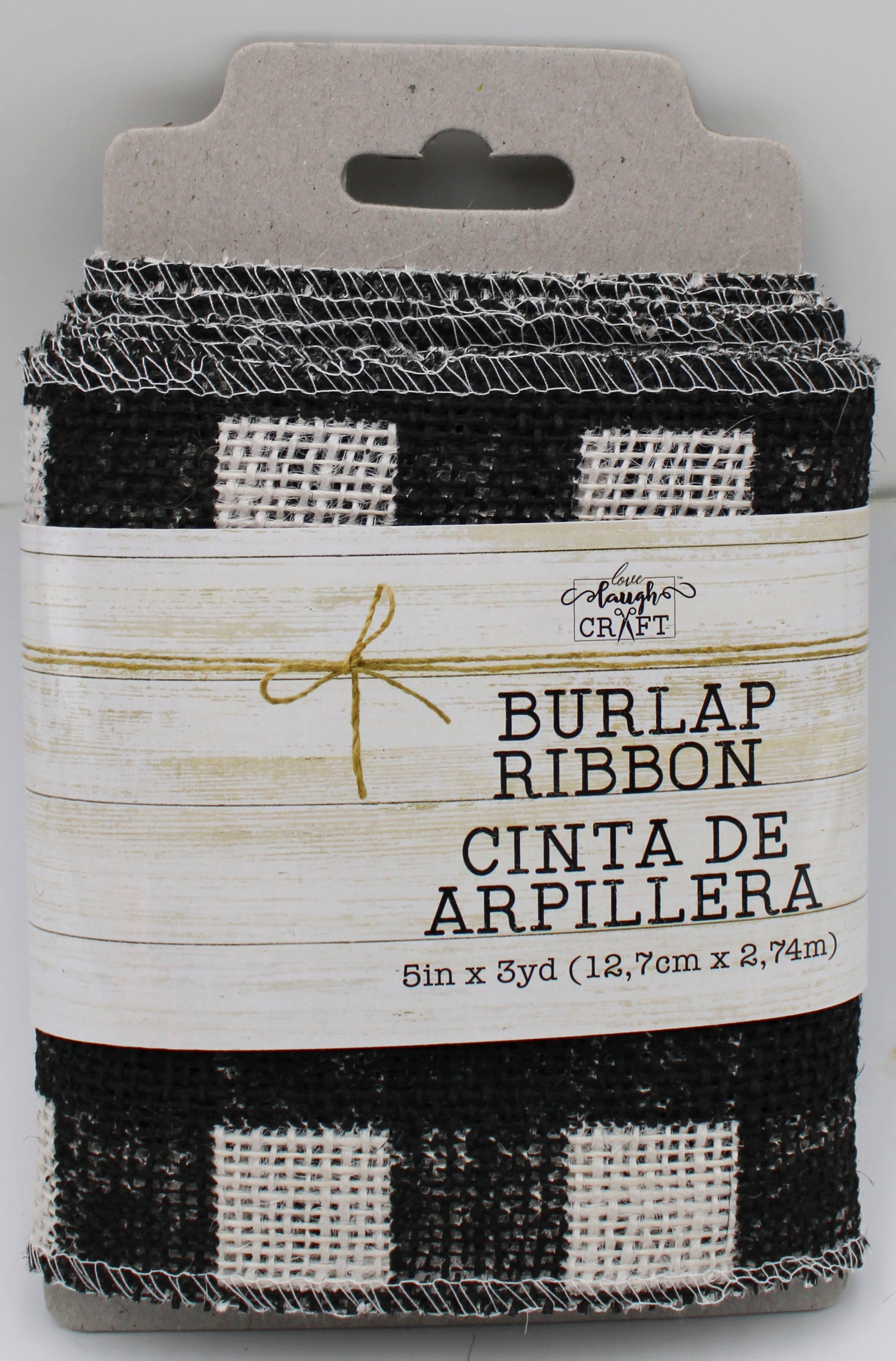 5 IN   X 3 YD   WHITE BURLAP RIBBON - FRAYED EDGES - BLACK SCREENPRINT BUFFALO CHECK