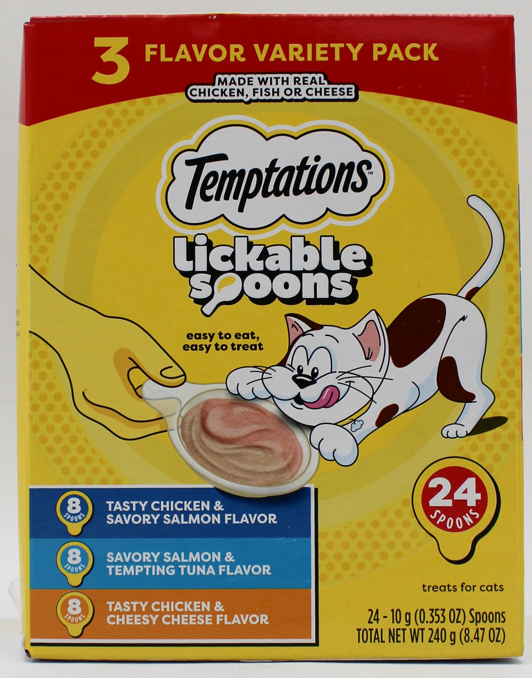 TEMPTATIONS CHEESE, SALMON, TUNA AND CHICKEN FLAVOR LICKABLE SPOONS CAT TREATS - 8.46OZ (24 PK) BB 10/06/2027