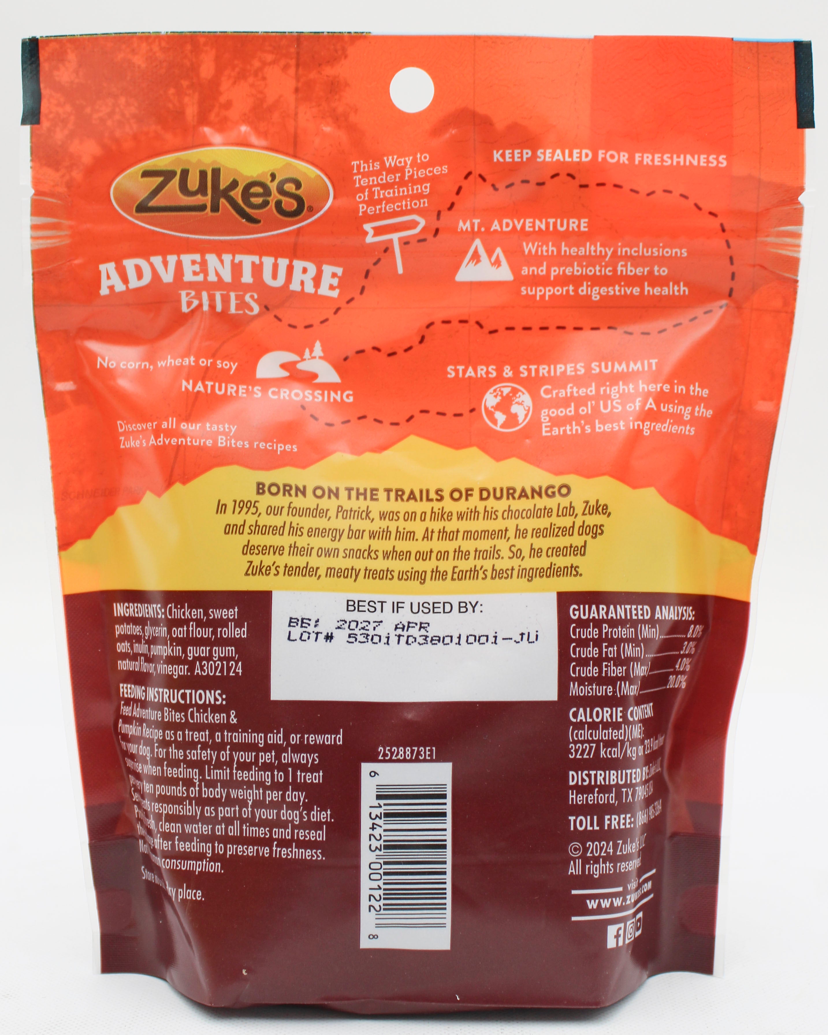 PURINA ZUKE'S ADVENTURE BITES SOFT DOG TREATS CHICKEN & PUMPKIN 6oz. NI BB 4/30/2027