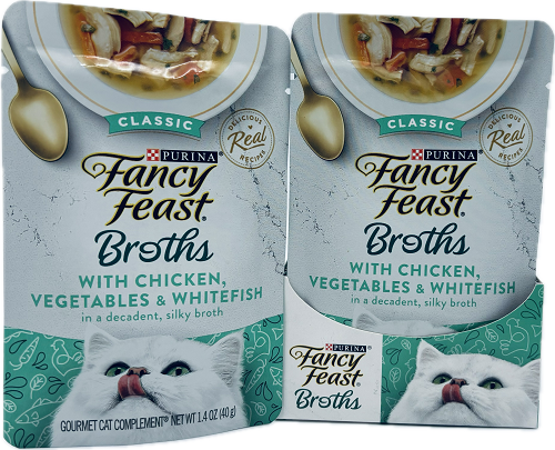 FANCY FEAST  1.4ozBROTHS WITH CHICKEN VEGETALS&WHITEFISH EXP 07/31/25    NI