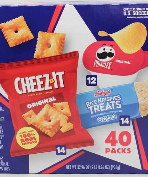 CHEEZ-ITS, PRINGLES, RICE KRISPIES VARIETY CLUB PACK 40CT 32.96 Oz BB 11/1/26 NI