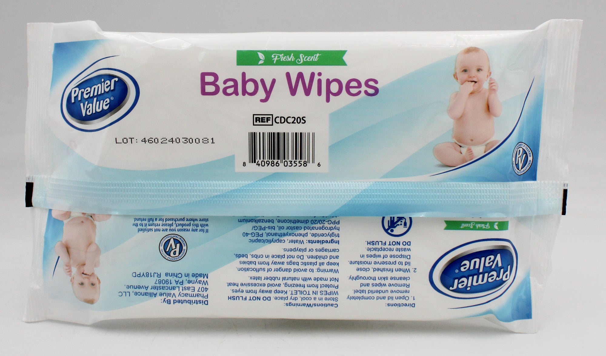PREMIER VALUE BABY WIPES FRESH SCENT 20ct TRAVEL W/ LID EXP 3/2026 NI