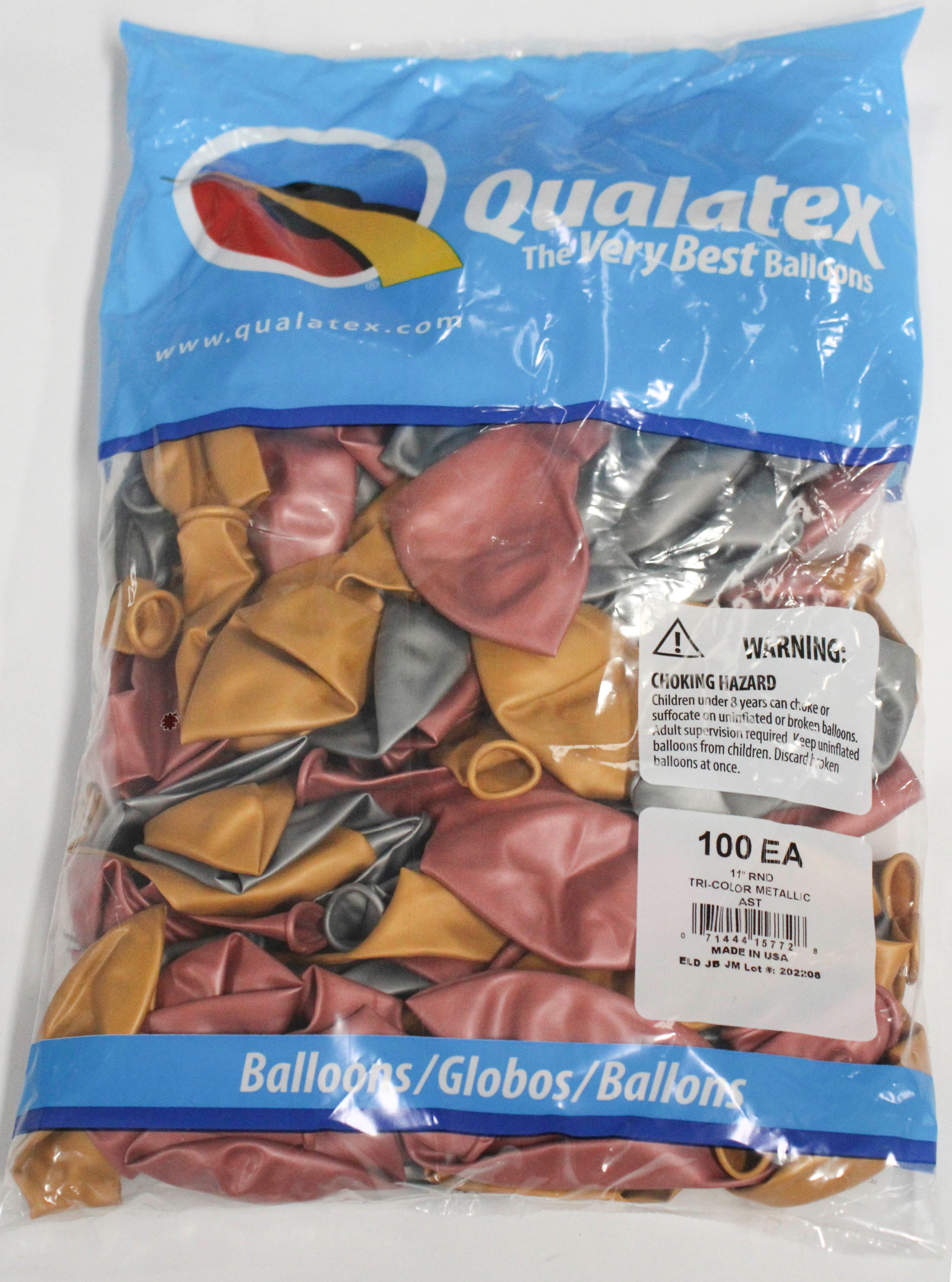 11" ROUND QX LATEX BALLOON 100CT TRI-COLOR METALLIC AST