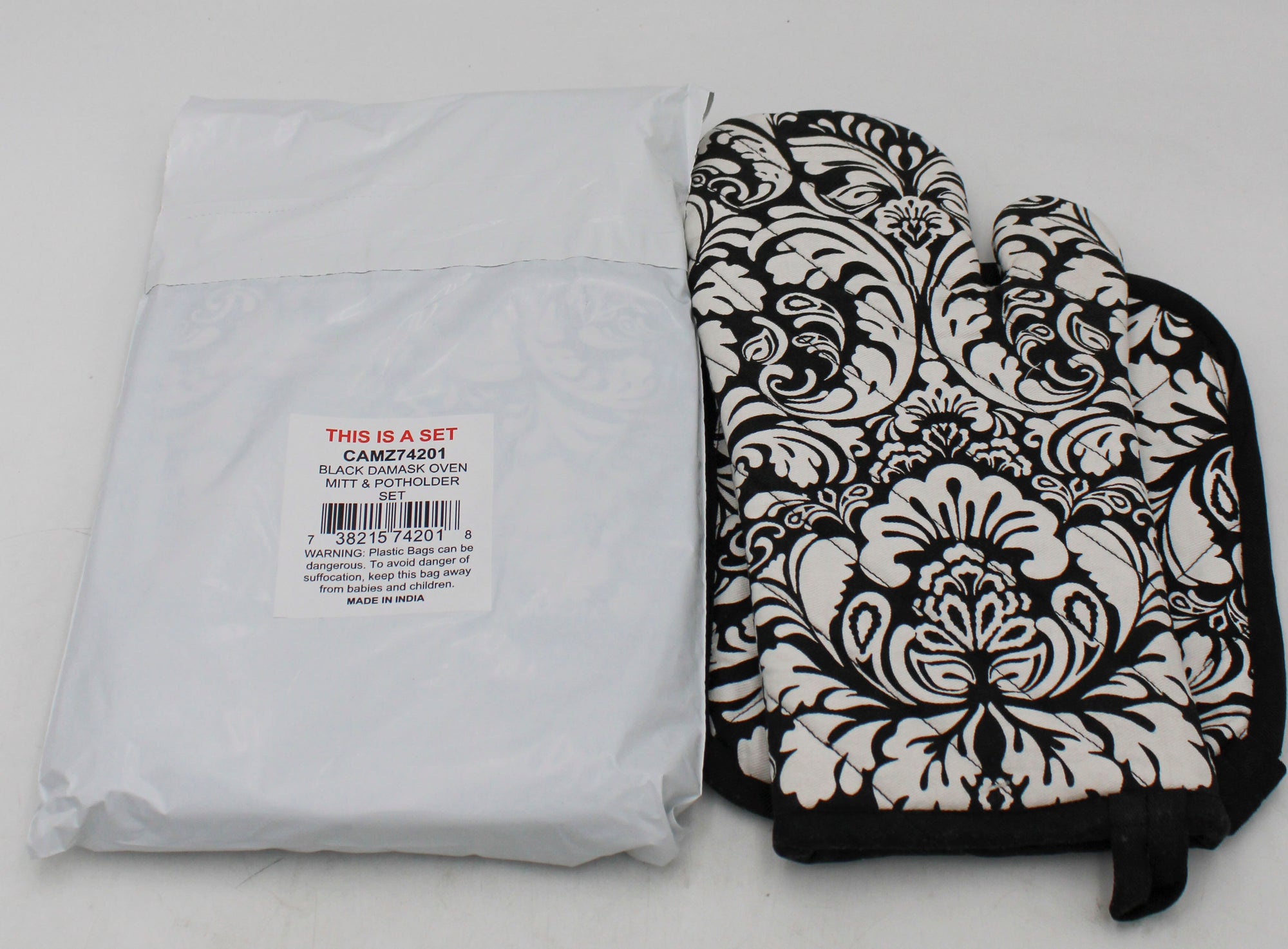 2 CT OVEN MITT & POTHOLDER SET -BLACK DAMASK