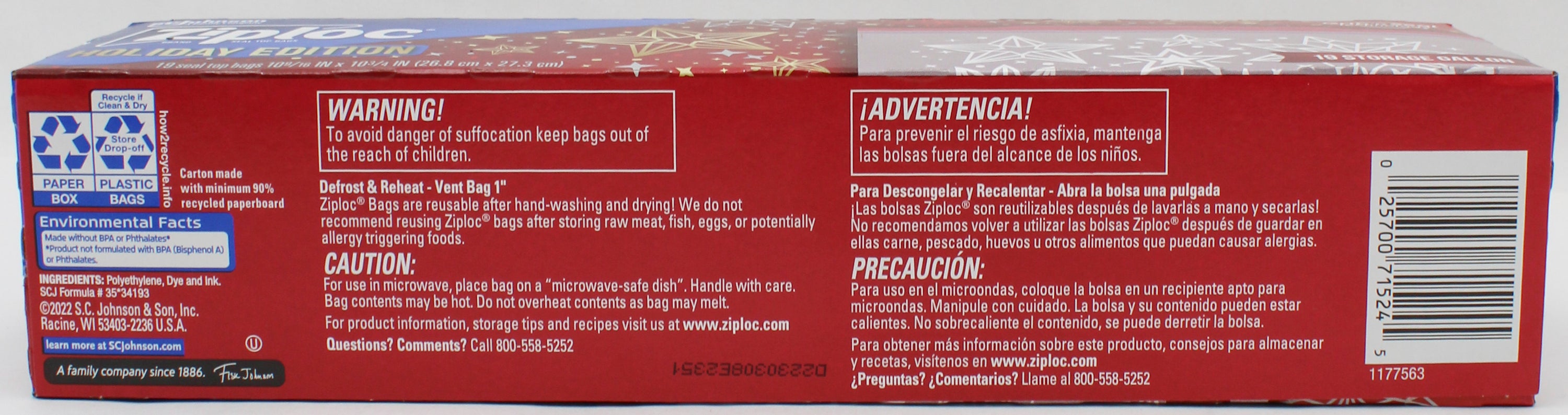 Ziploc Holiday Storage Gallon Bags 19ct Wholesale Pack