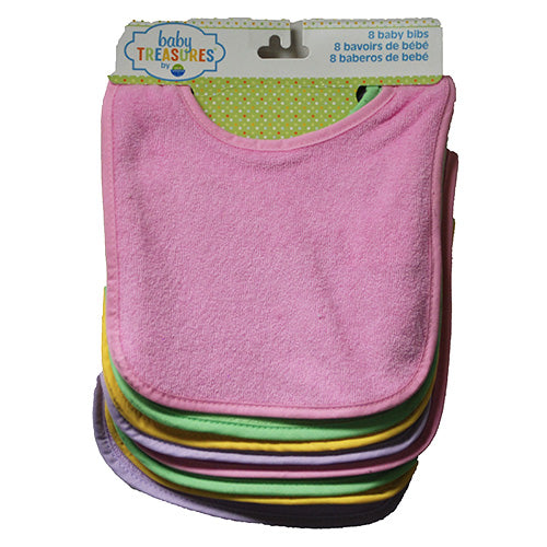 BABY TREASURES CLOTH BABY BIB 8CT GIRLS/SOLID-ASST/NI