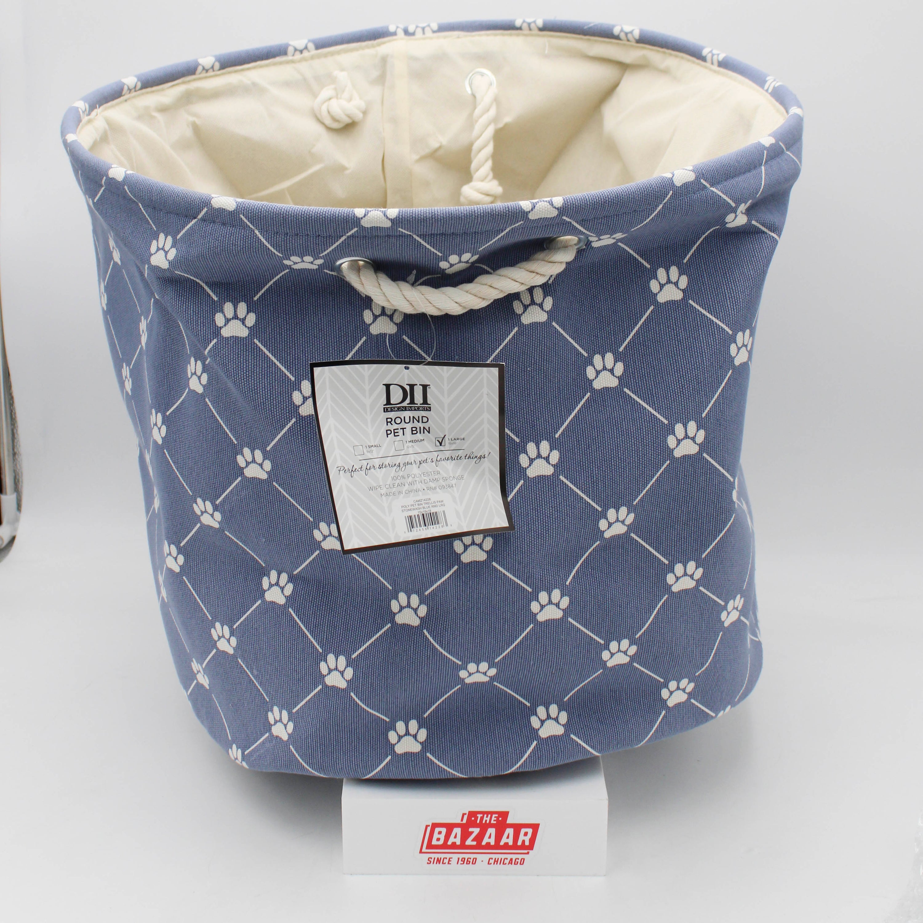 POLYESTER PET BIN TRELLIS PAW STONEWASH BLUE ROUND LARGE 15x18x18