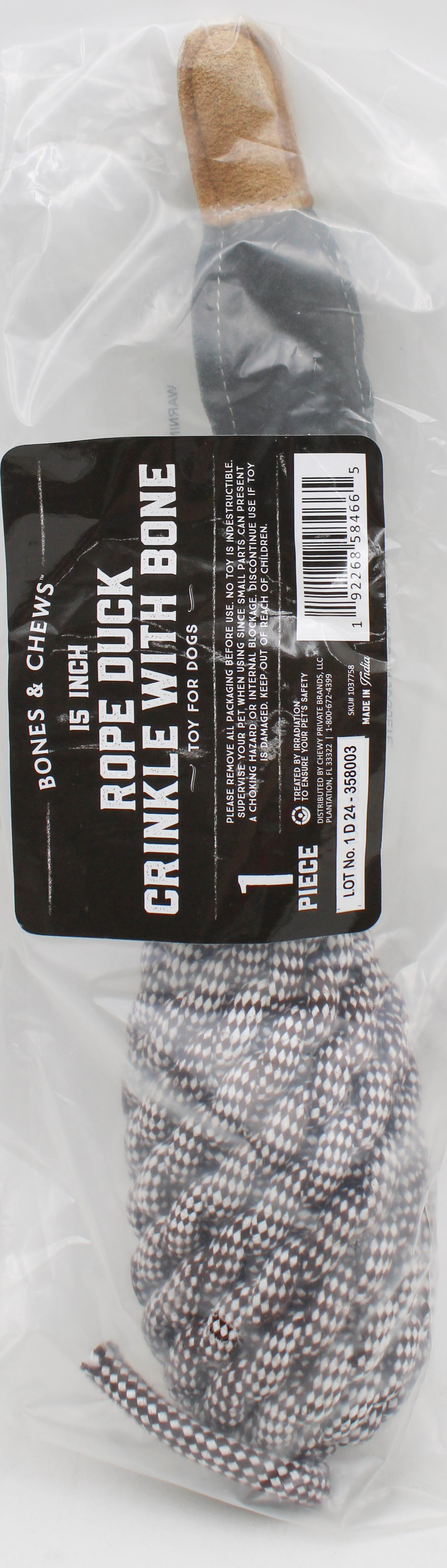 CHEWY ROPE DUCK CRINKLE DOG TOY 15" BB 08/01/2027