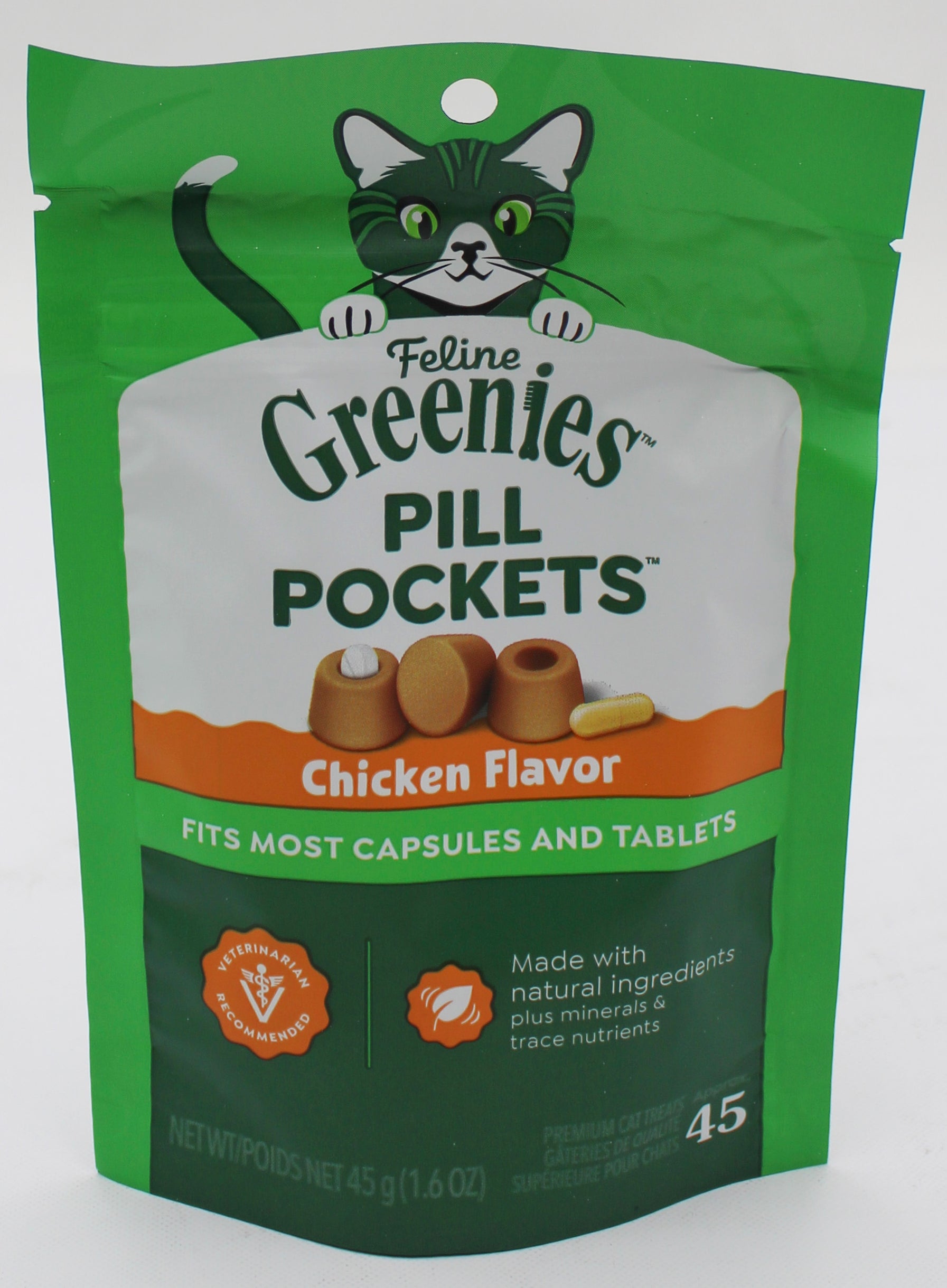 GREENIES PILL POCKETS SOFT CAT TREATS CHICKEN FLAVOR 1.6 OZ. (45 PK) BB 2/11/2027