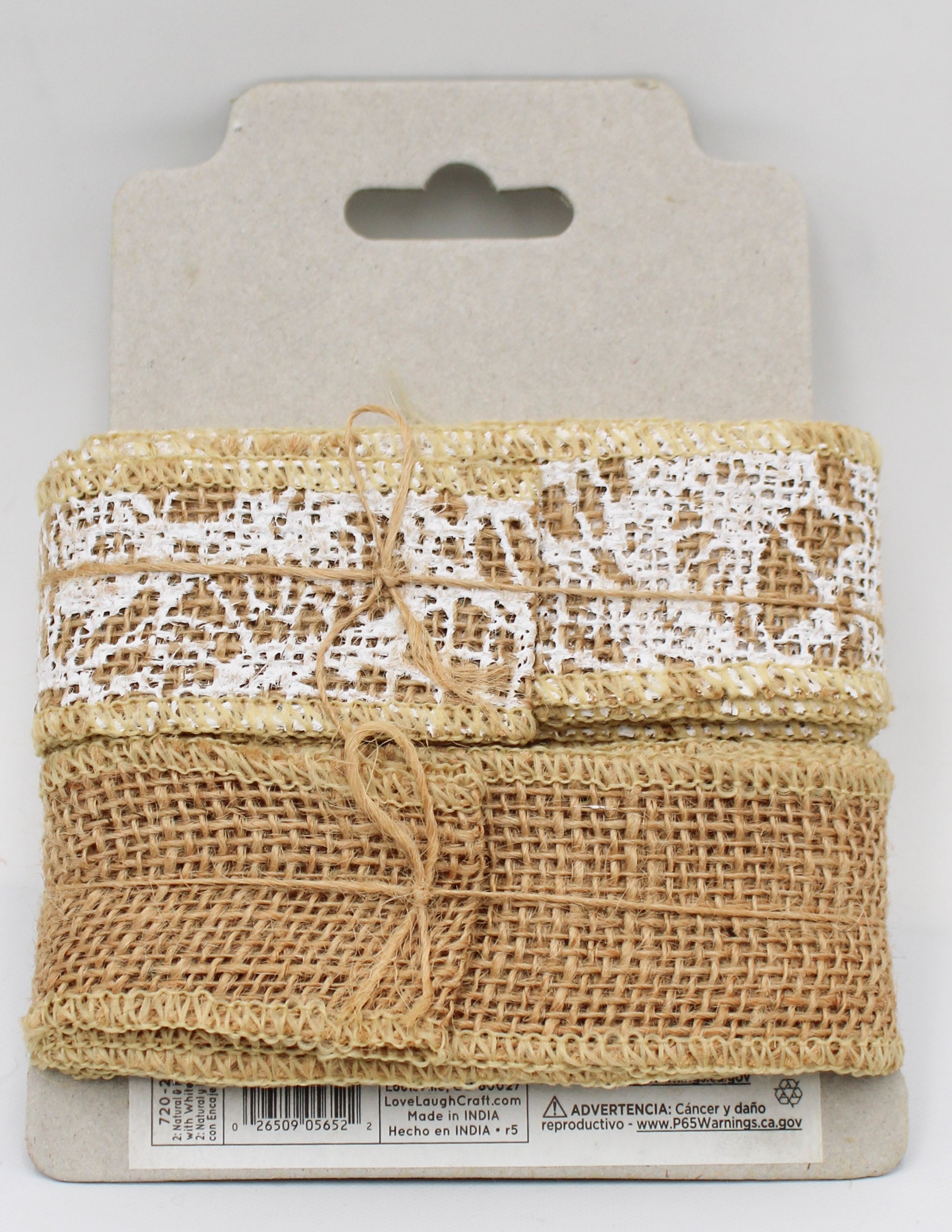 1.5 IN   X 3 YD SET-NATURAL BURLAP RIBBON AND WHITE SCREENPRINT LACE NATURAL RIBBON - BOUND STITCHED EDGES