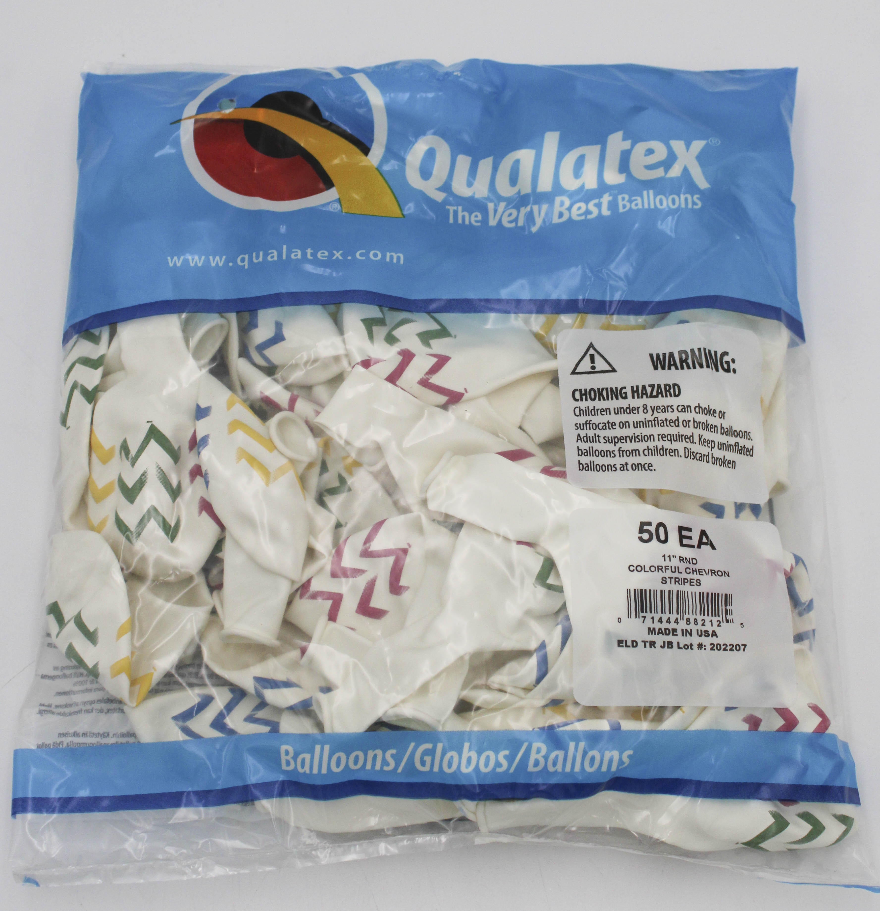 11" ROUND QX LATEX BALLOON WHITE 50CT COLORFUL CHEVRON STRIPES