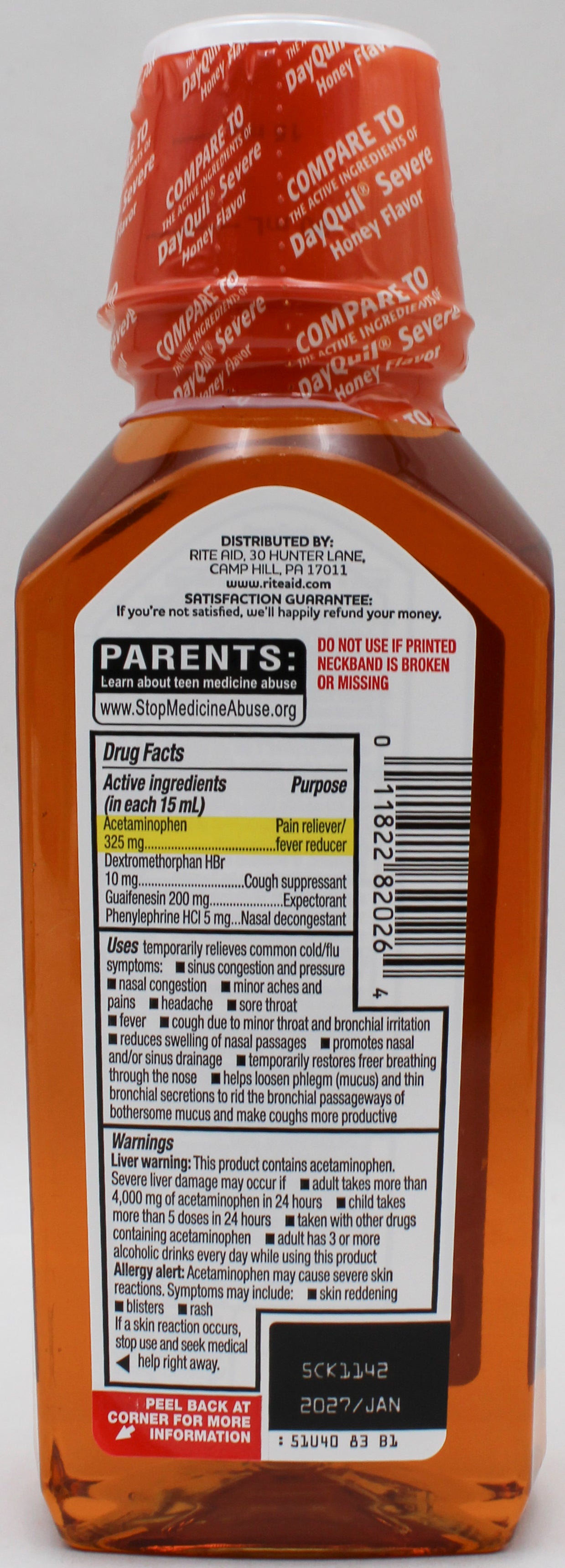 RITE AID DAYTIME SEVERE COLD & FLU RELIEF HONEY 12oz EXP 1/31/2027 COMPARES TO Dayquil