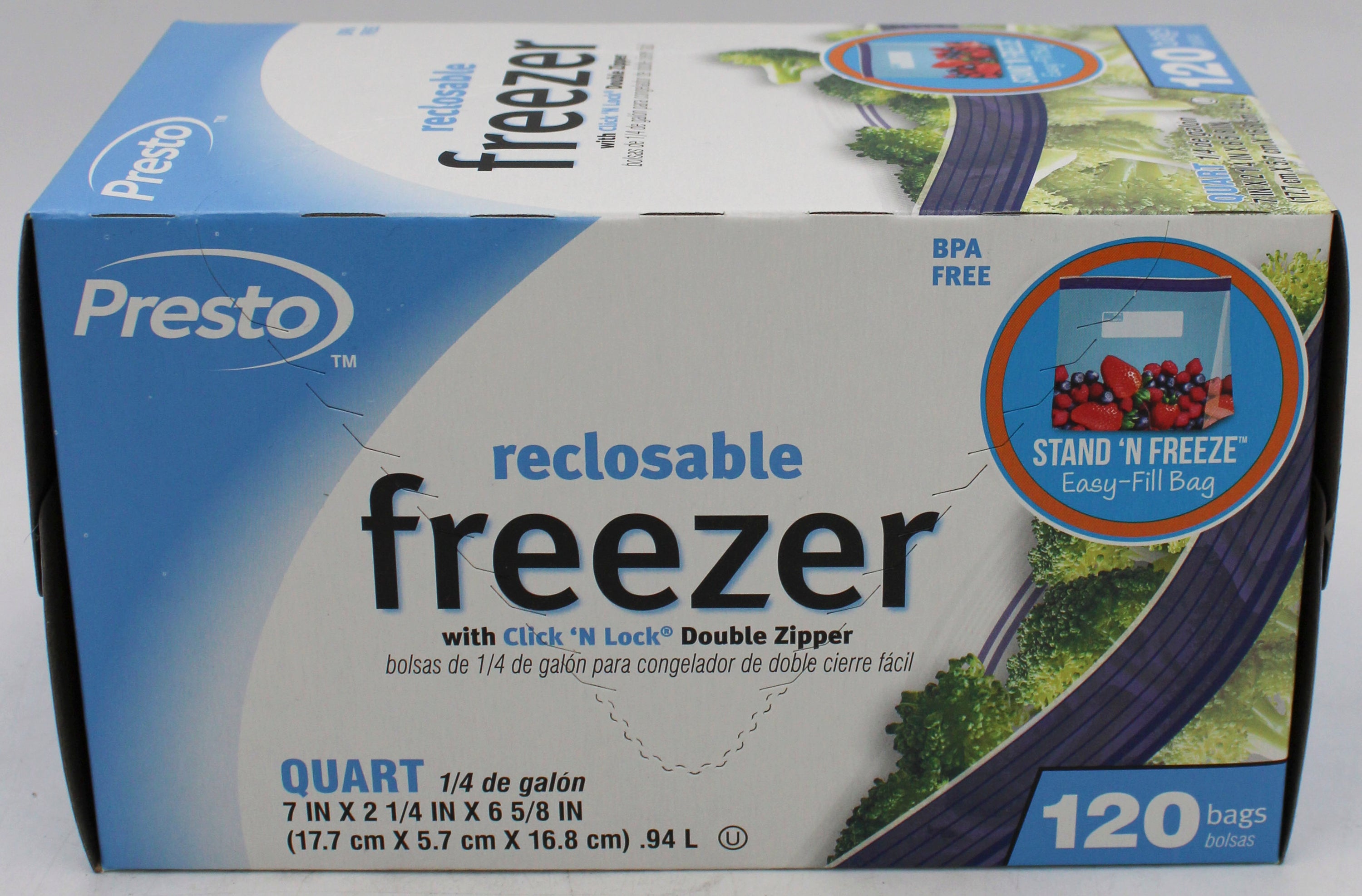120 CT PRESTO RECLOSABLE FREEZER QUART BAGS NI
