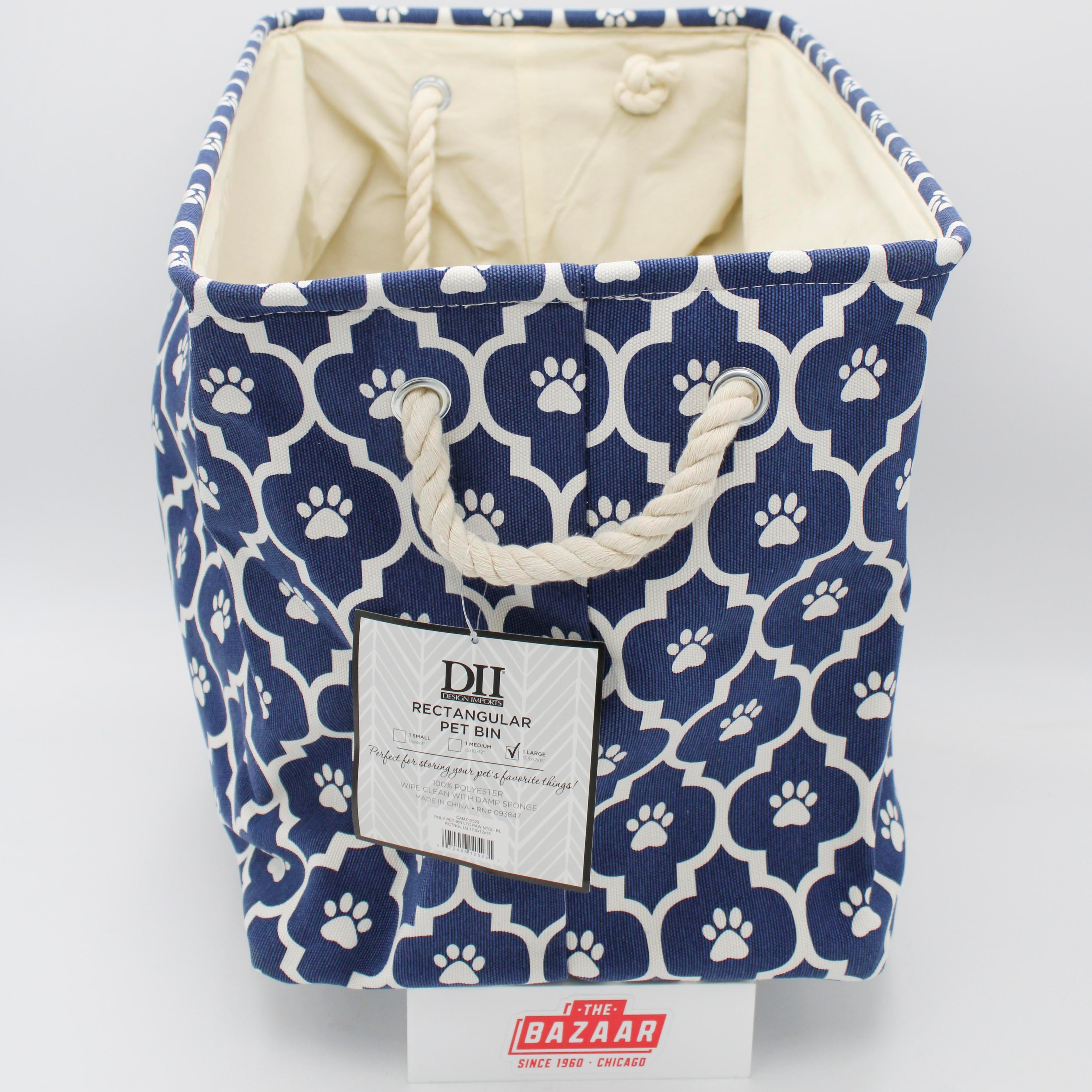 POLYESTER PET BIN LATTICE PAW NAUTICAL BLUE RECTANGLE LARGE 17.5x12x15