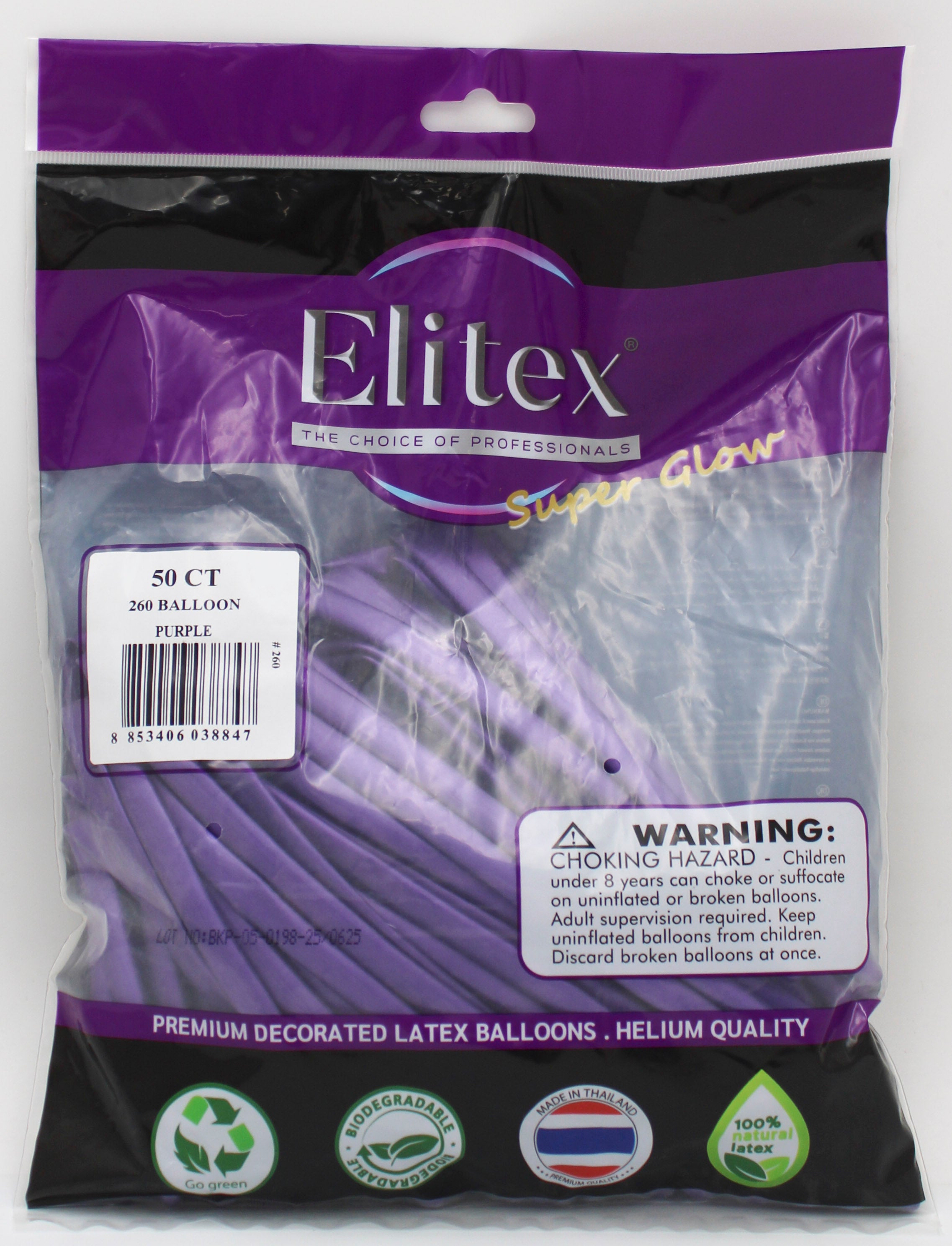 ELITEX 260" SUPERGLOW PURPLE MODELLING BALLOON, 50 PACK