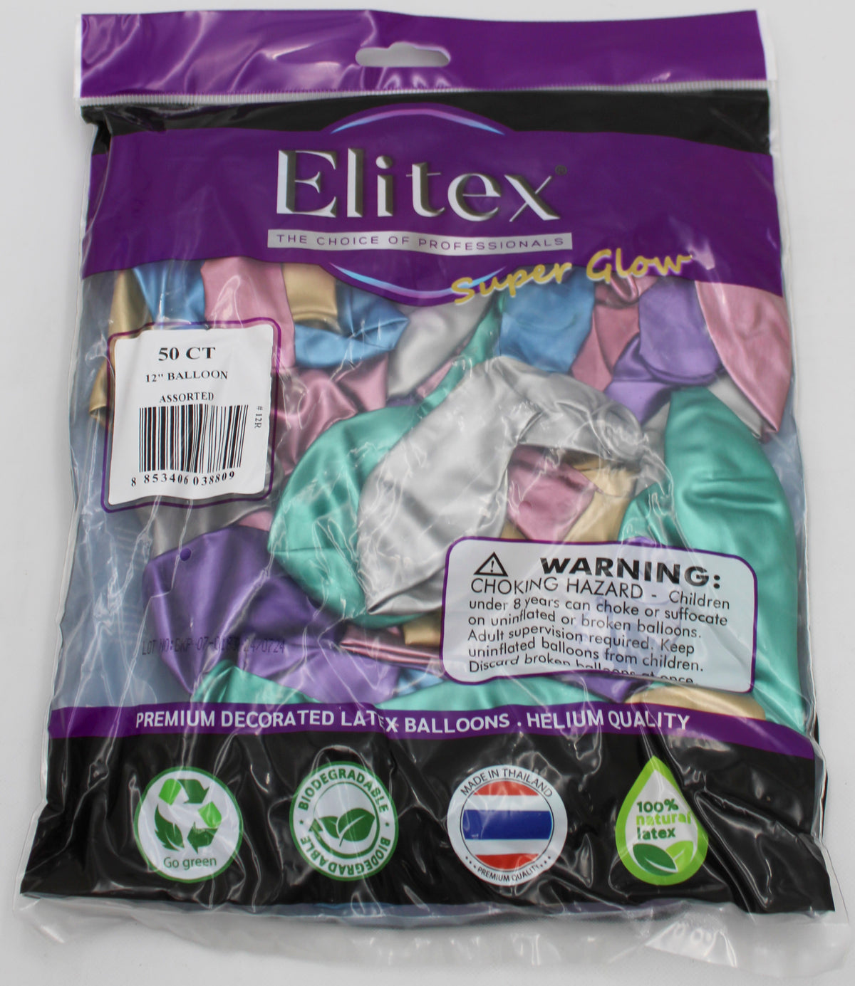 ELITEX 12" SUPERGLOW ASSORTED ROUND BALLOON, 50 PACK