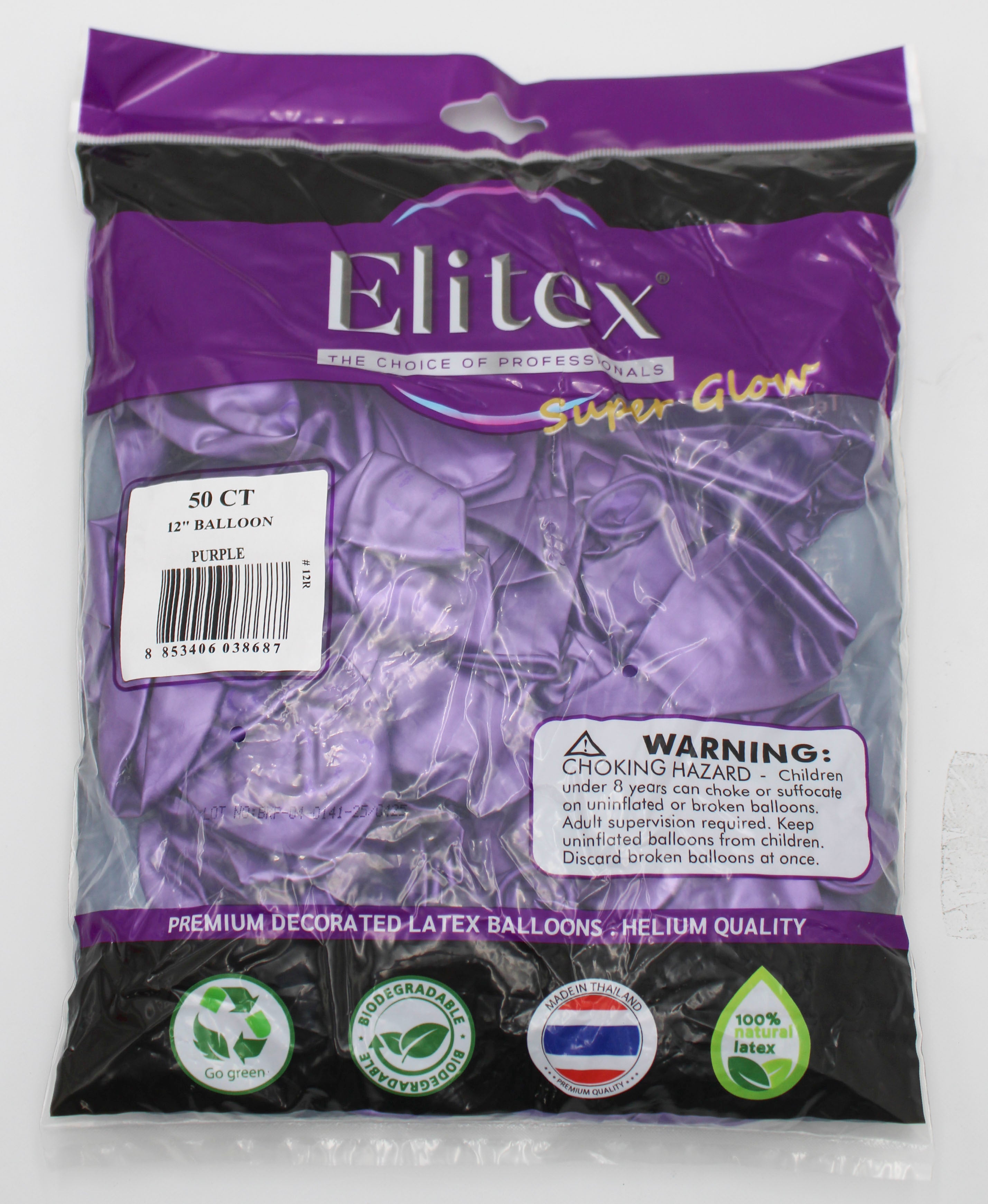 ELITEX 12" SUPERGLOW PURPLE ROUND BALLOON, 50 PACK
