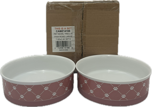 .PET BOWL - TRELLIS PAW ROSE - LARGE 7.5Dx2.4H SET/2