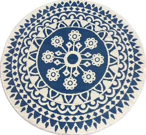 5FT ROUND FLORAL OUTDOOR RUG - BLUE