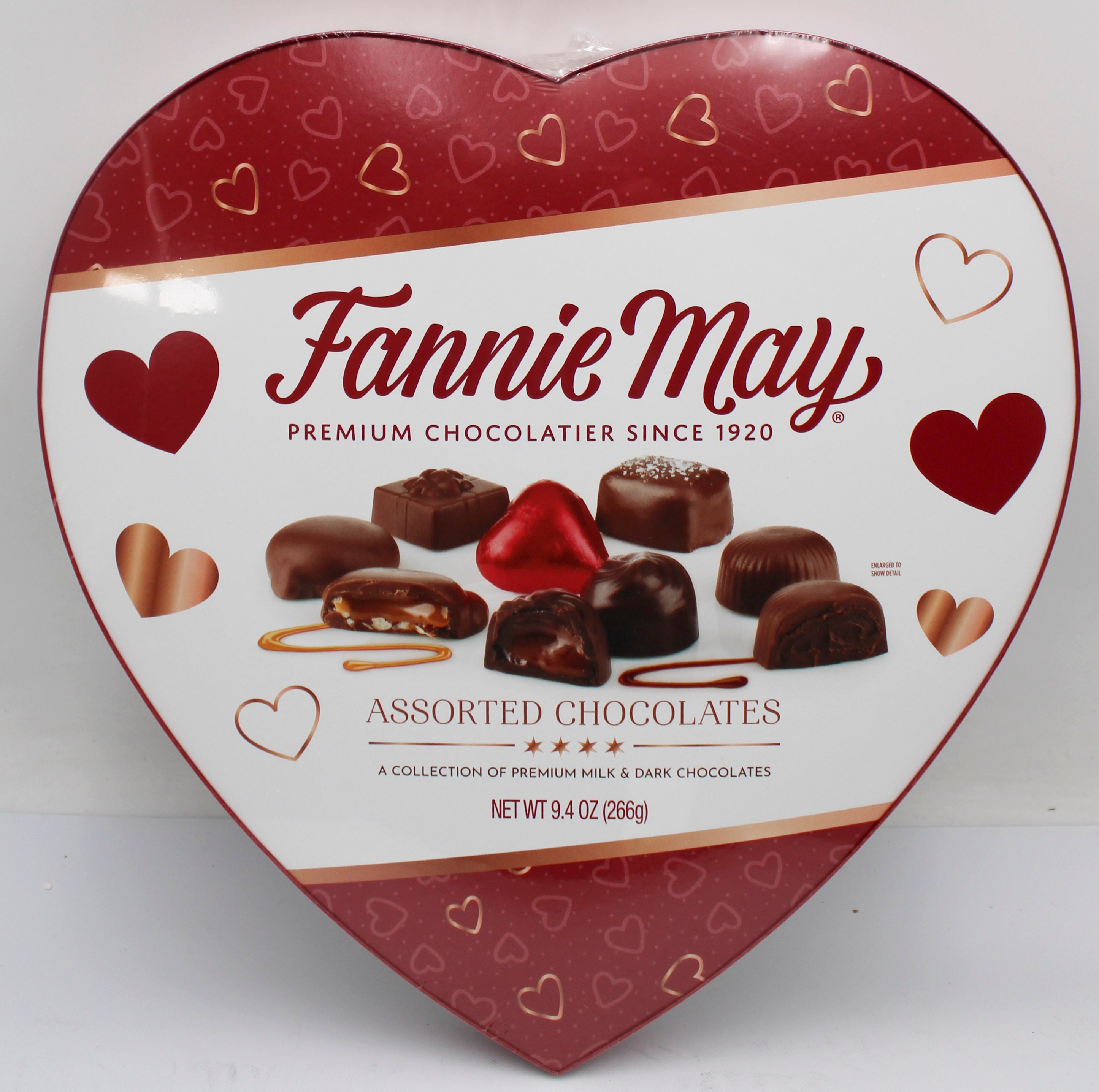 FANNIE MAY PREMIUM ASSORTED CHOCOLATE HEART BOX 9.4oz BB 4/22/27