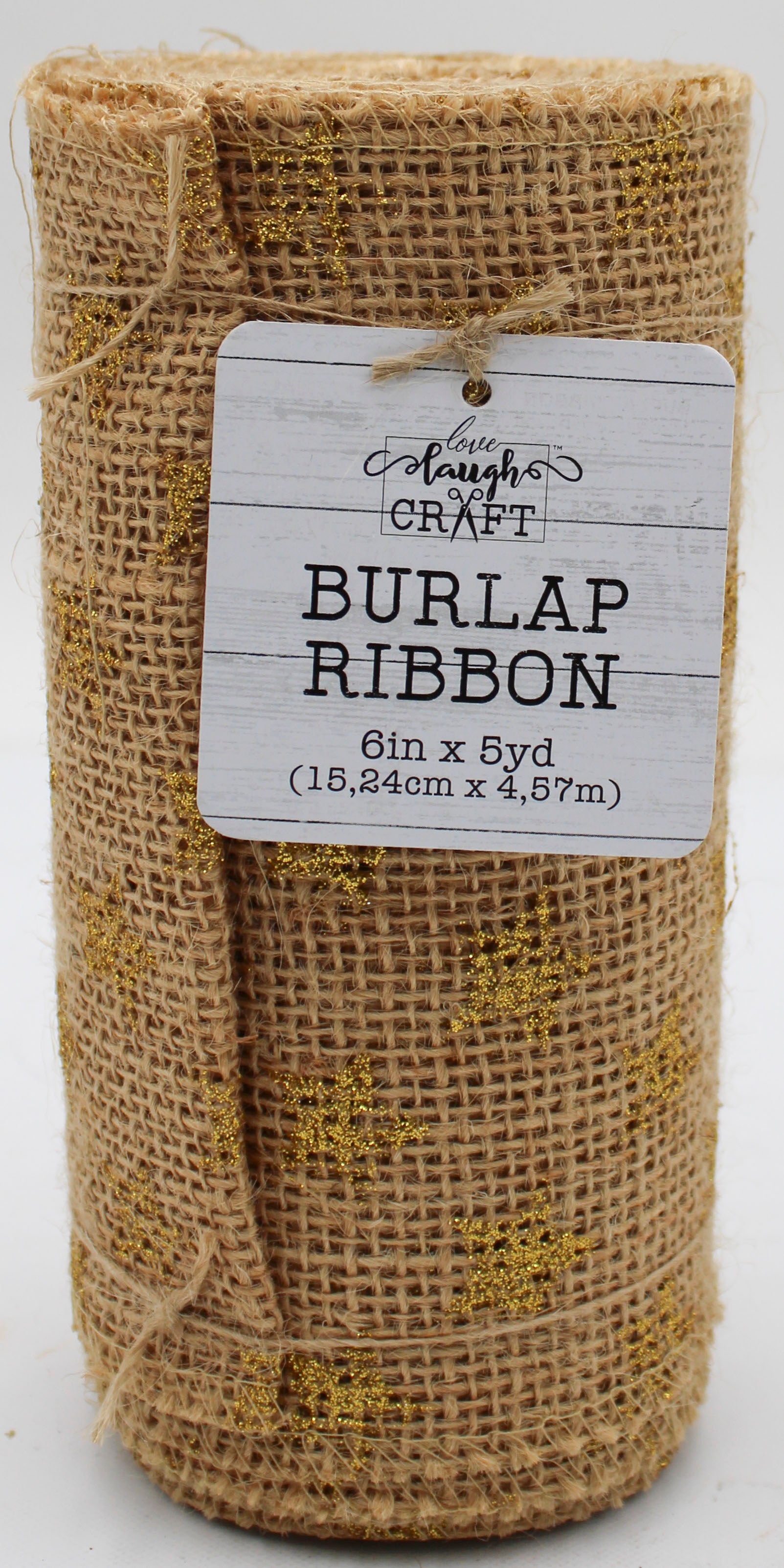 6 IN X 5 YD BURLAP RIBBON - NATURAL GOLD STAR GLITTER