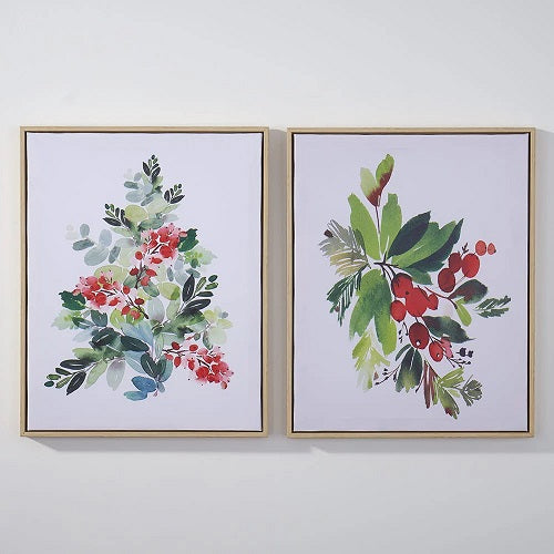 HOLLY & BERRIES FRAMED CANVAS 2 PC PRINT SET 15.5"L x 19.5"H x 1.25"D