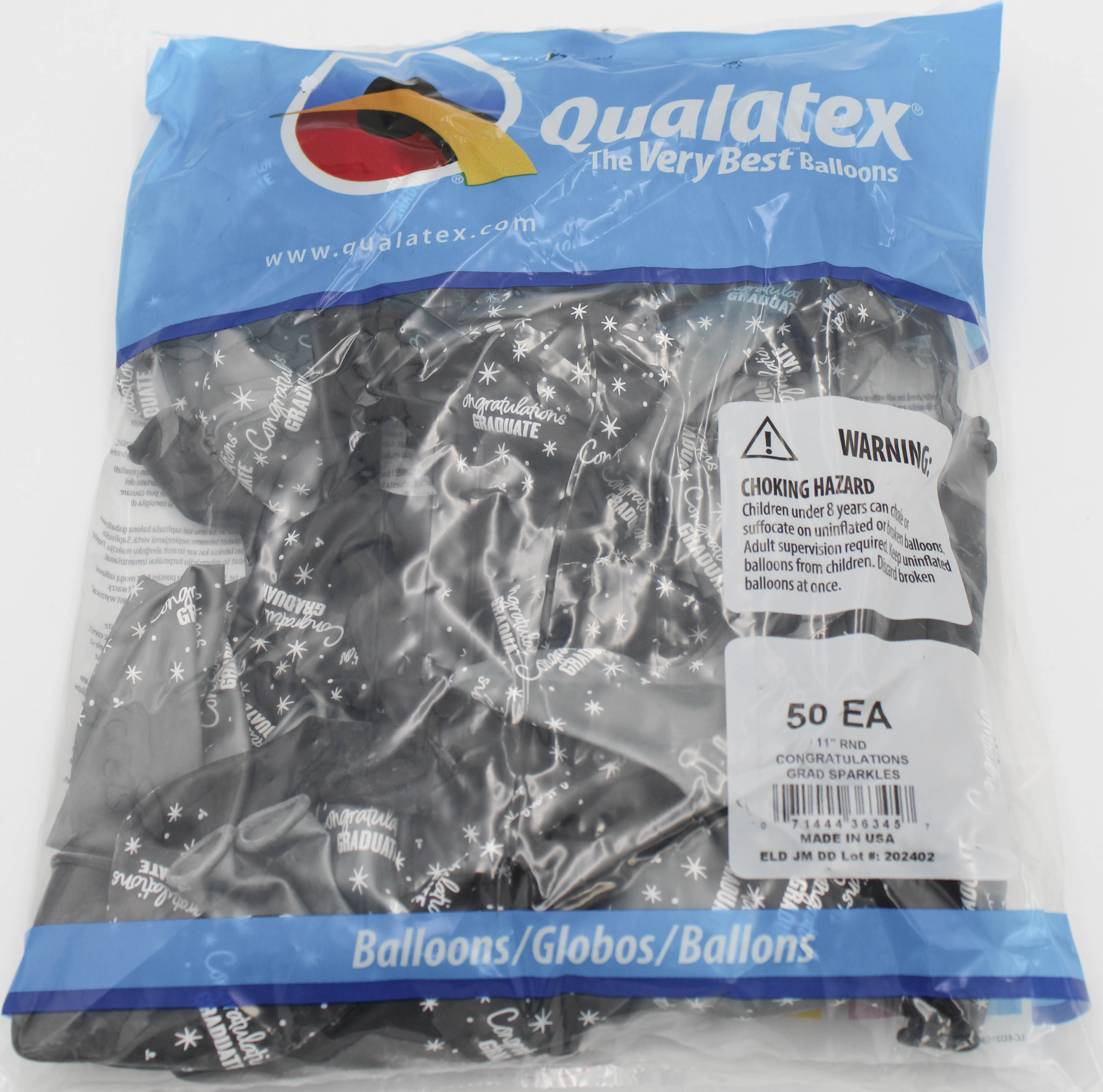 11" ROUND QX LATEX BALLOON SLV&BLK 50CT CONGRATULATIONS GRAD SPARKLES