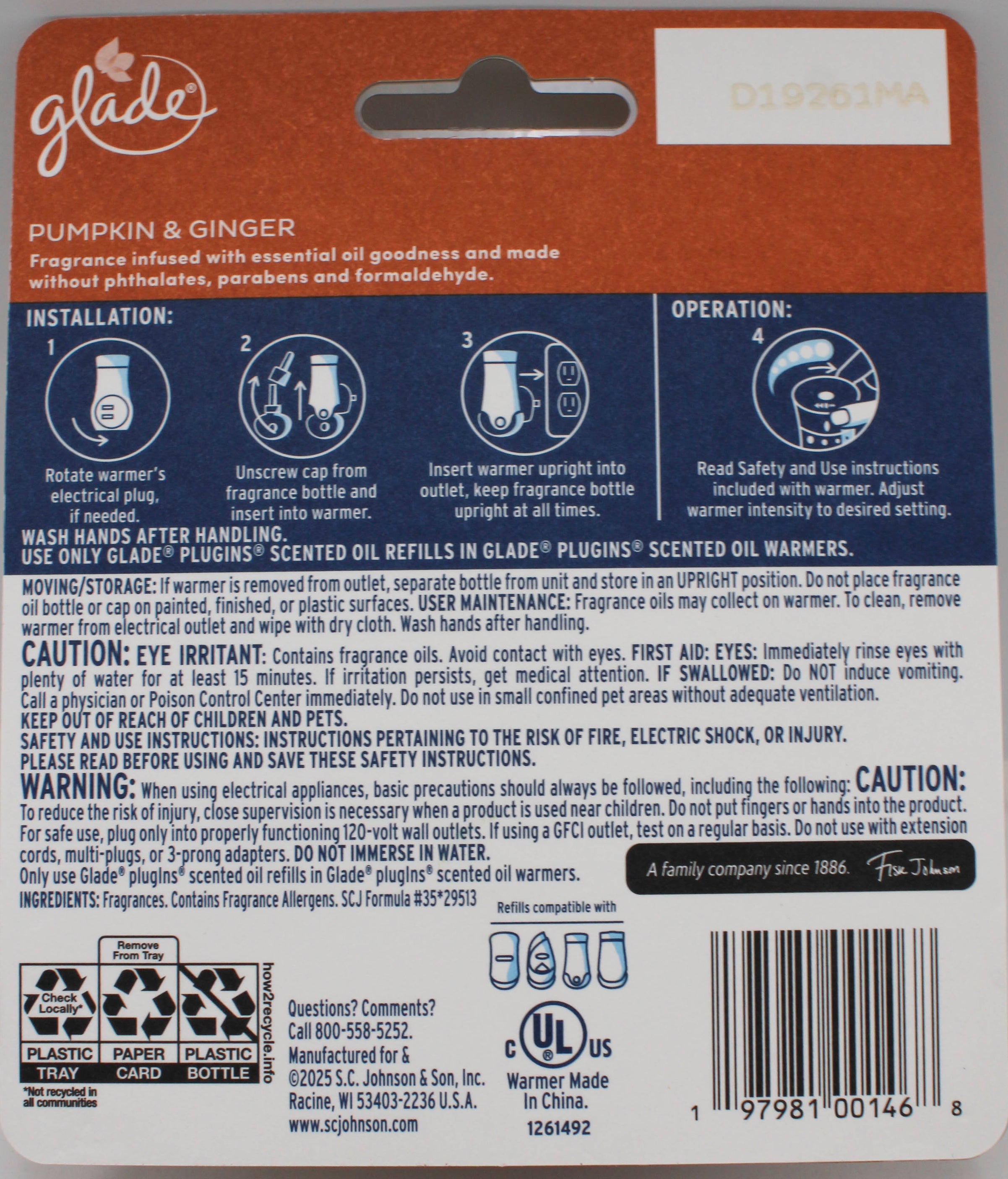 GLADE PLUGINS SCENTED OIL PUMPKIN & GINGER 2ct + WARMER 0.67floz US