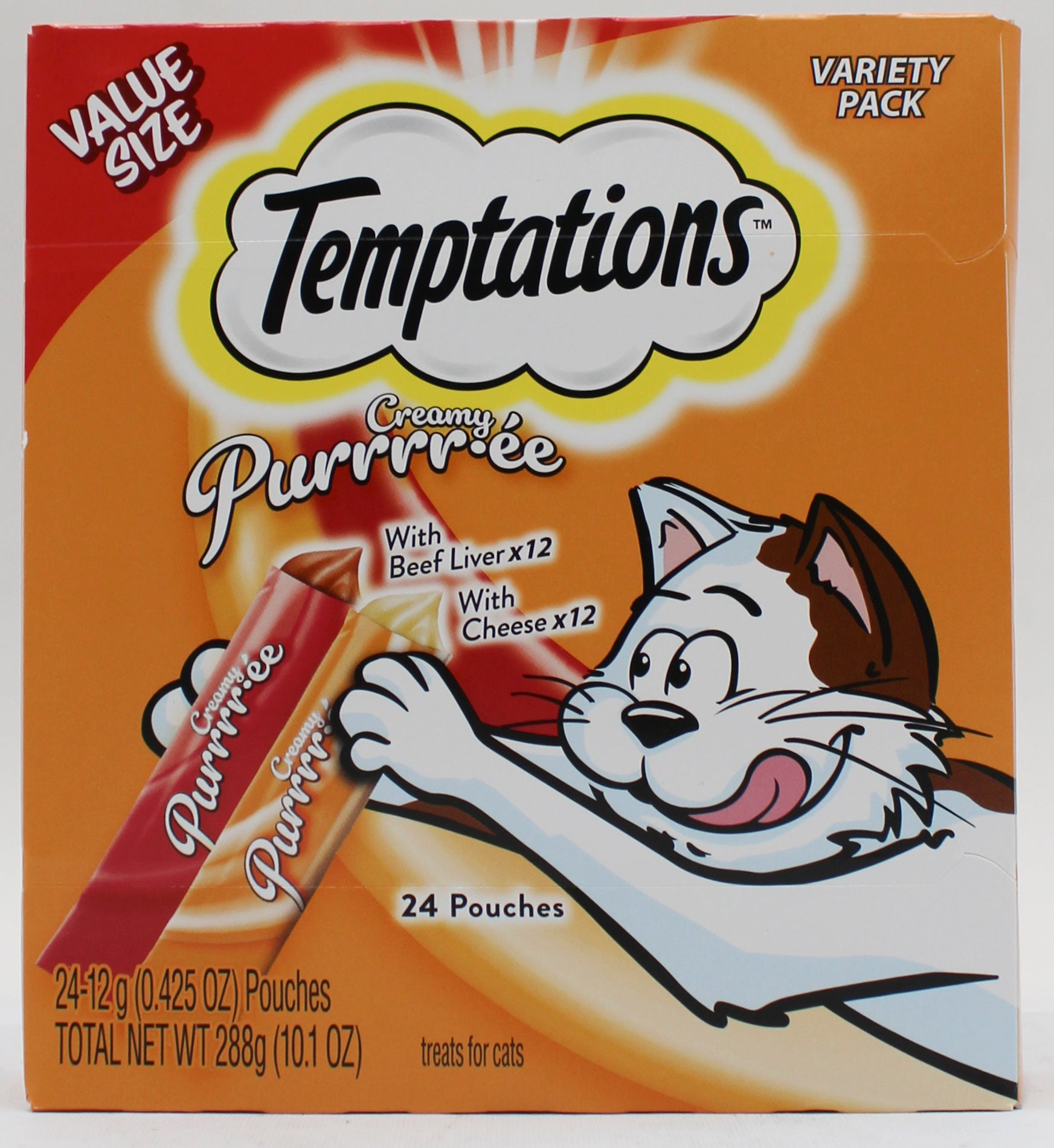 TEMPTATIONS CREAMY PUREE WITH BEEF LIVER & CHEESE VARIETY PACK LICKABLE CAT TREATS, 12-GM POUCH, 24 COUNT BB 2/14/2027