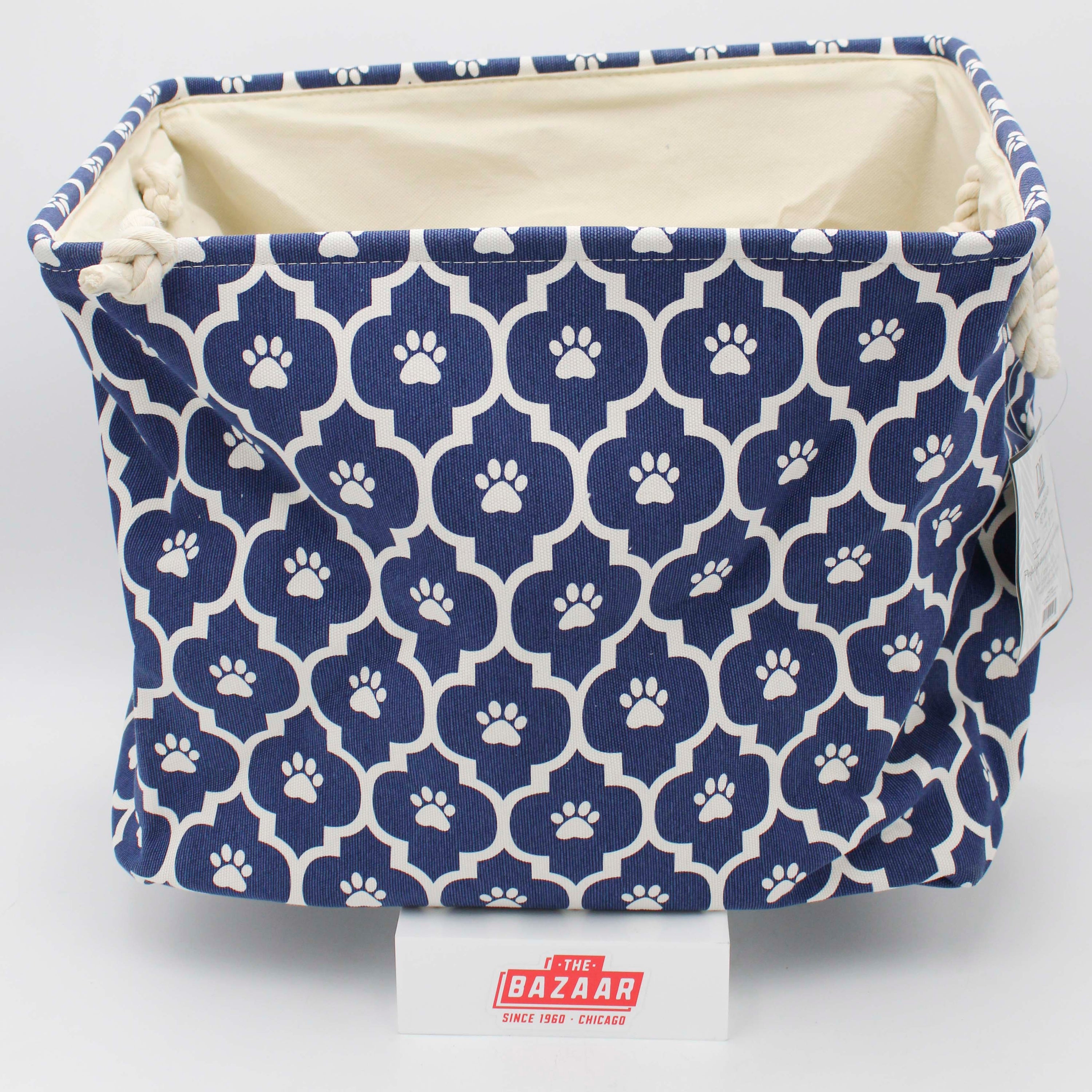 POLYESTER PET BIN LATTICE PAW NAUTICAL BLUE RECTANGLE LARGE 17.5x12x15