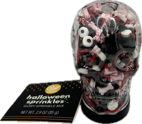 WILTON HALLOWEEN SPRINKLES GORE SKULL BOTTLE 2.9oz BEST BY 11/2024 NI